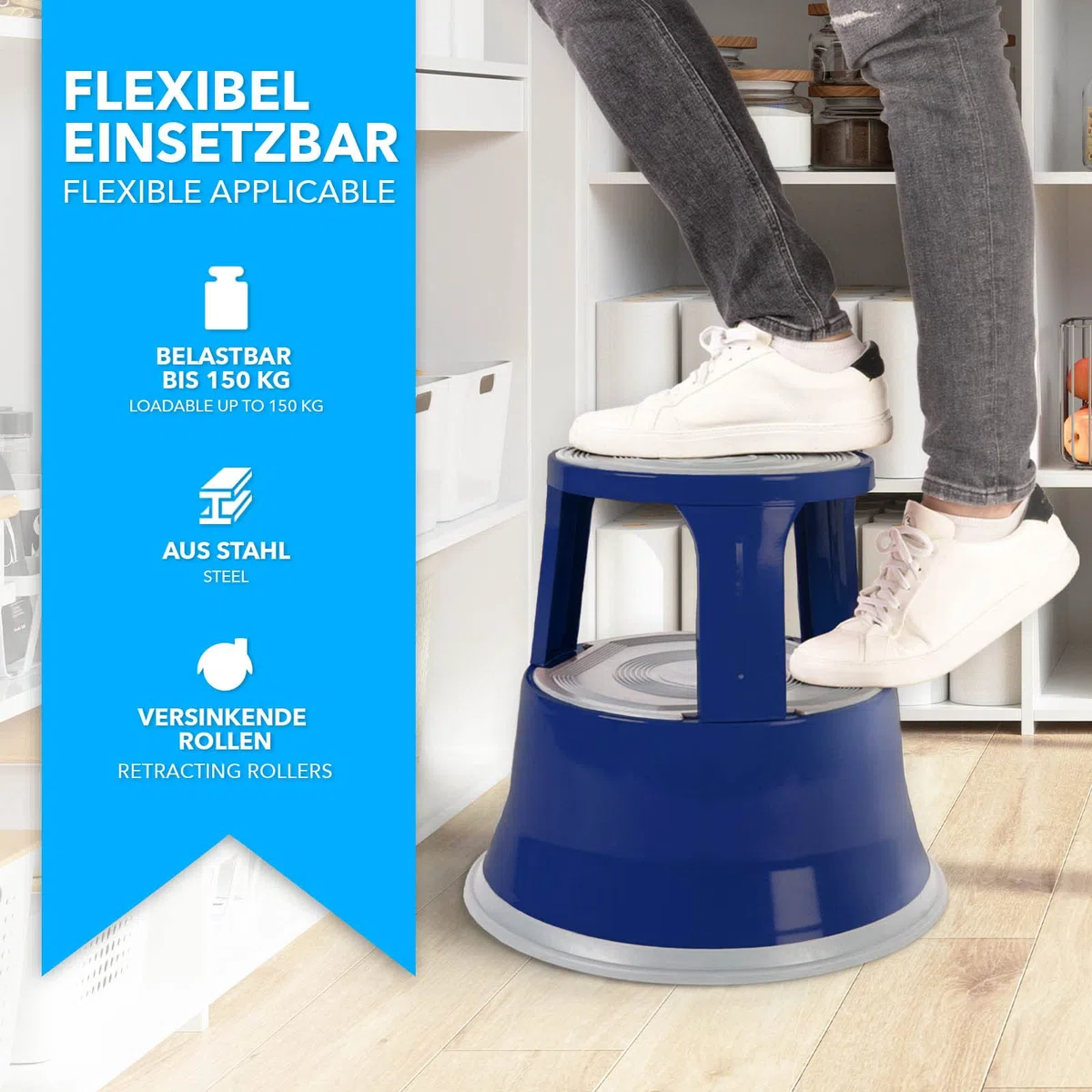 Floordirekt Sgabello a rotelle, poggiapiedi, elefante, in acciaio fino a 150 kg, per ufficio o commerciale, certificato TÜV + GS (blu, metallo)