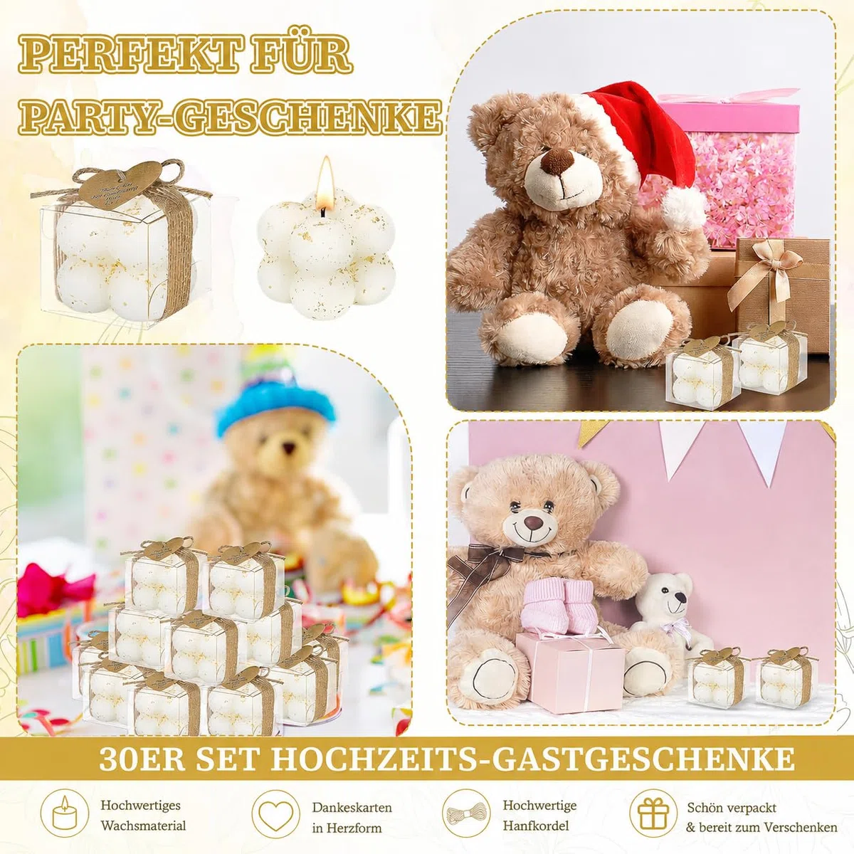 Set di 30 candele profumate a bolle con biglietti e fiori secchi – Mini piccole candele fai da te per matrimonio, battesimo, baby shower, compleanno, addio al nubilato, scatole regalo con biglietto di