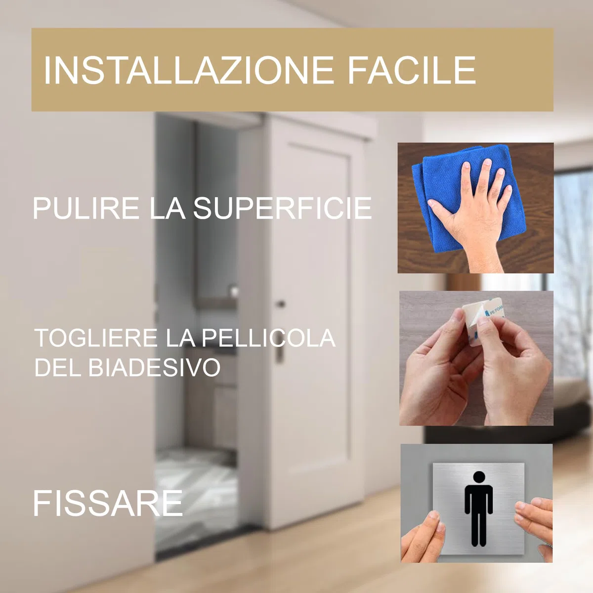 Stileitaliano Targhetta bagno Donne Uomini Disabili adesiva Targa Porta Toilette WC adesivo donna uomo targhette metallo targhe 3 pezzi 10cm (Alluminio Spazzolato)