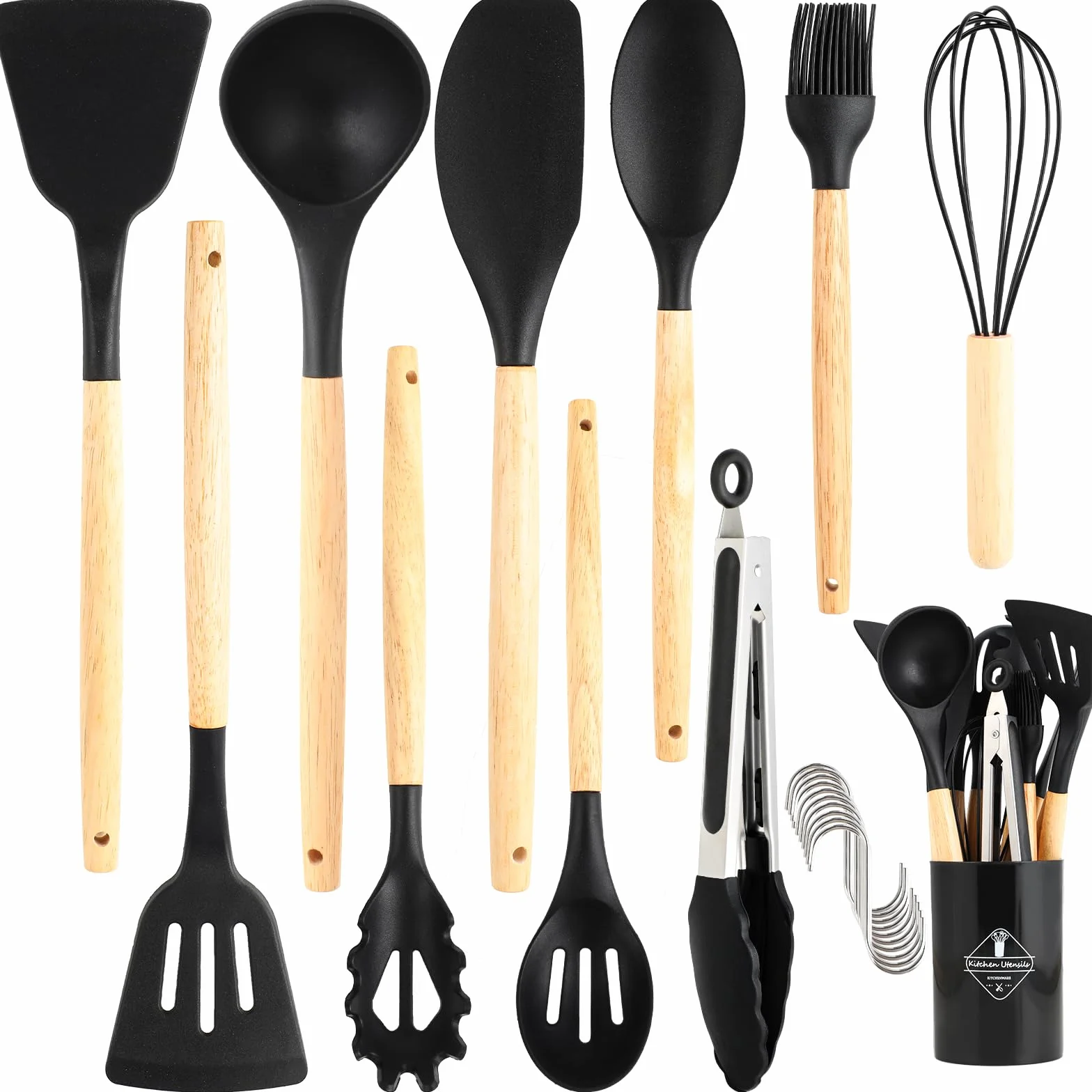 Utensili Cucina Silicone, set di 22 utensili cucina senza BPA, manico in legno, antiaderenti, resistenti al calore, con 10 ganci, nero