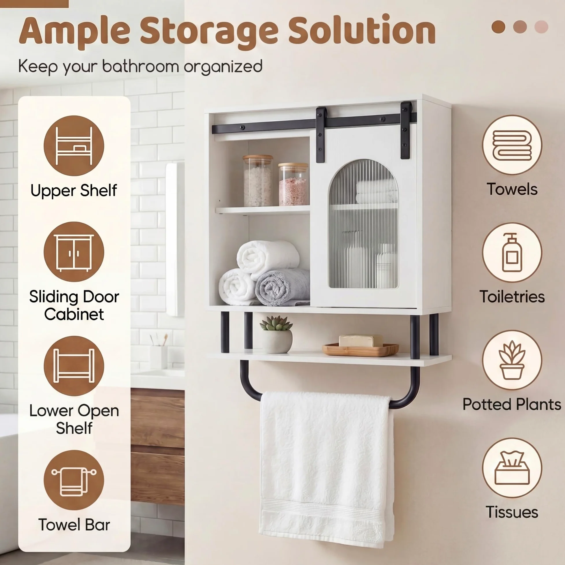 LIFEZEAL Armadio a Parete per Bagno, Armadio con Porta Asciugamani e Scomparto Aperto, Mobile Sospeso per Bagno, Cucina, Soggiorno, 50 x 20 x 70 cm (Bianco)