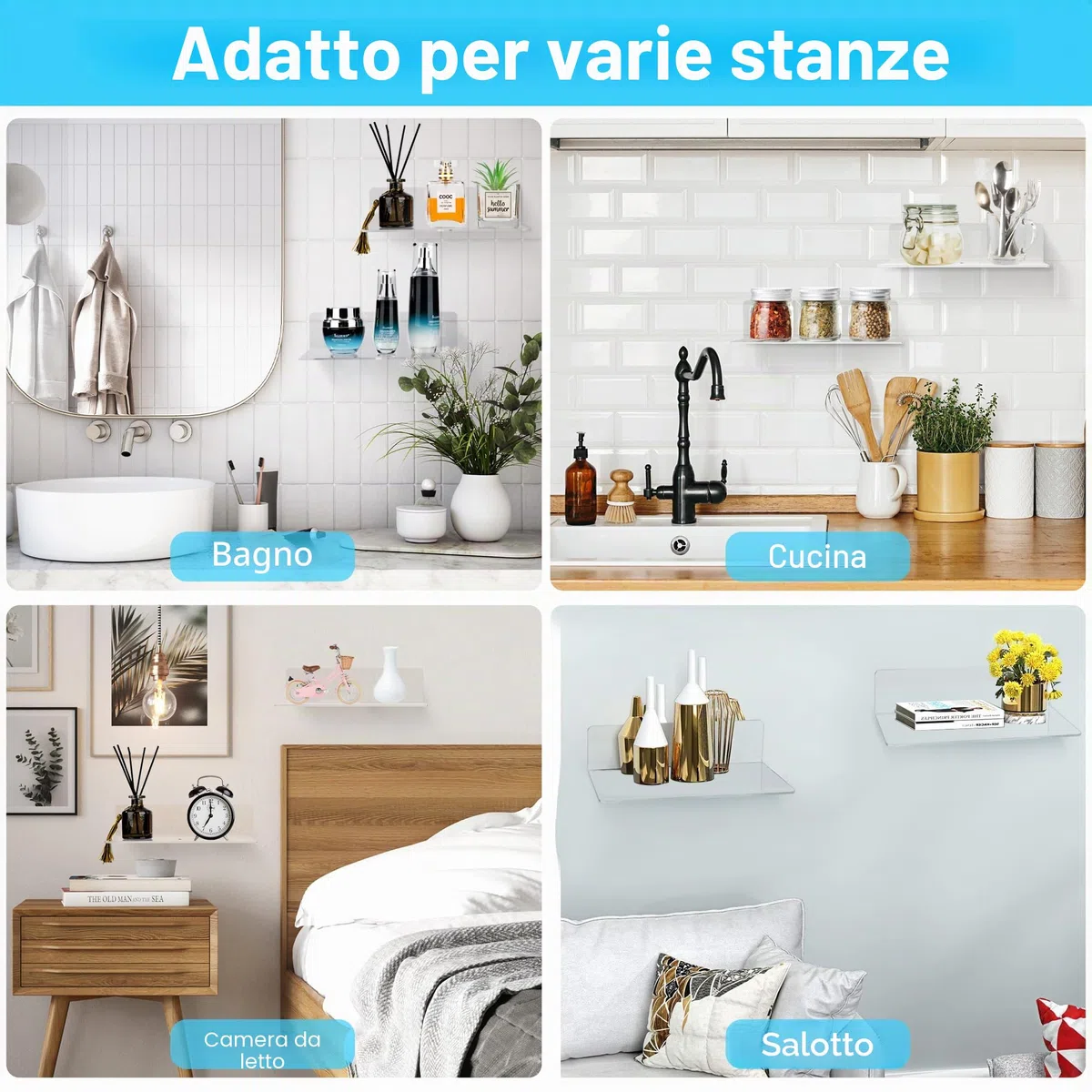 Mensola da Parete, 2 Pezzi Mensola Adesiva da Muro, Mensolina Galleggiante in Acrilico, Portaoggetti Scaffale da Parete, Senza Foratura Muro, per Bagno Soggiorno Cucina Ufficio, Trasparente