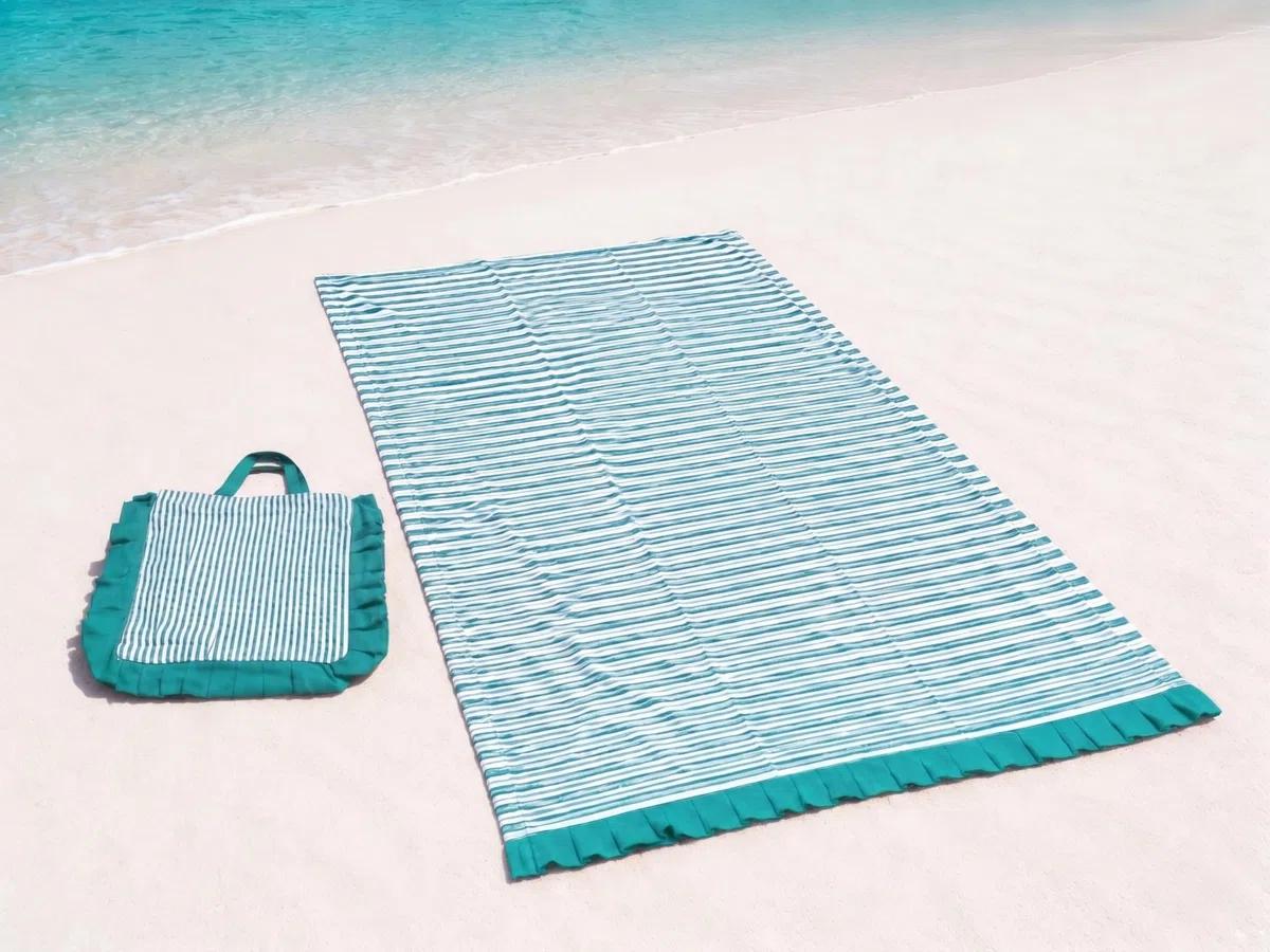 o-day Telo Mare Cotone Leggero con Frill 180x80cm Asciugamano Mare con Borsa Coordinata Set Spiaggia Elegante a Righe (Tiffany)