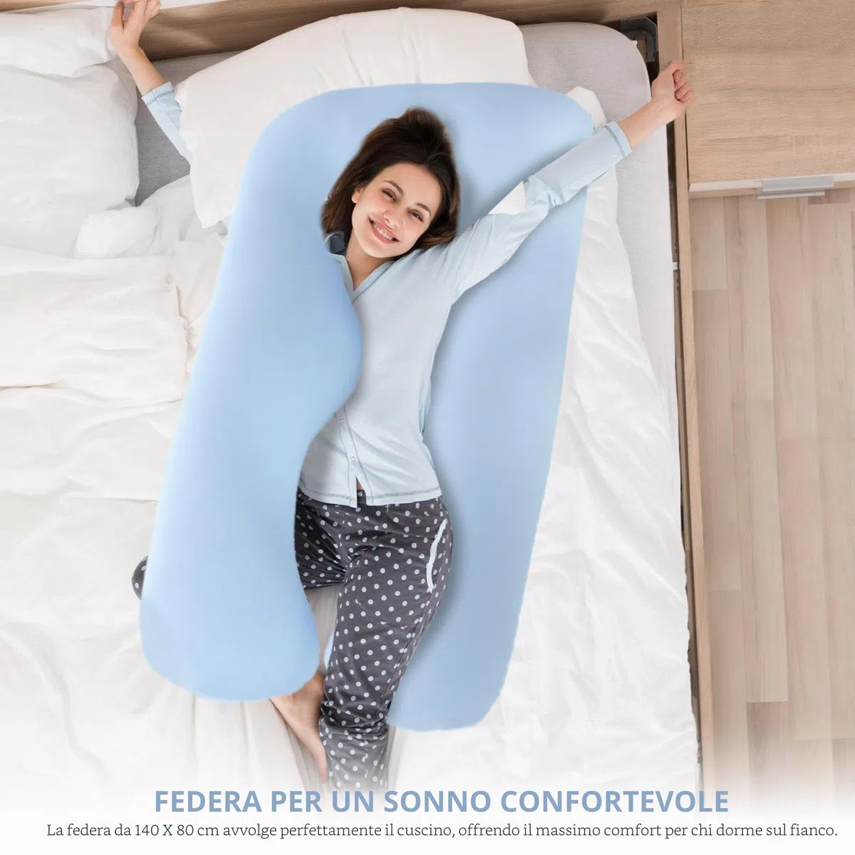 Cuscino per chi dorme sul fianco, federa per cuscino a forma di U, in cotone rimovibile, a forma di U, per adulti, lavabile in lavatrice, 140 x 80 cm, blu