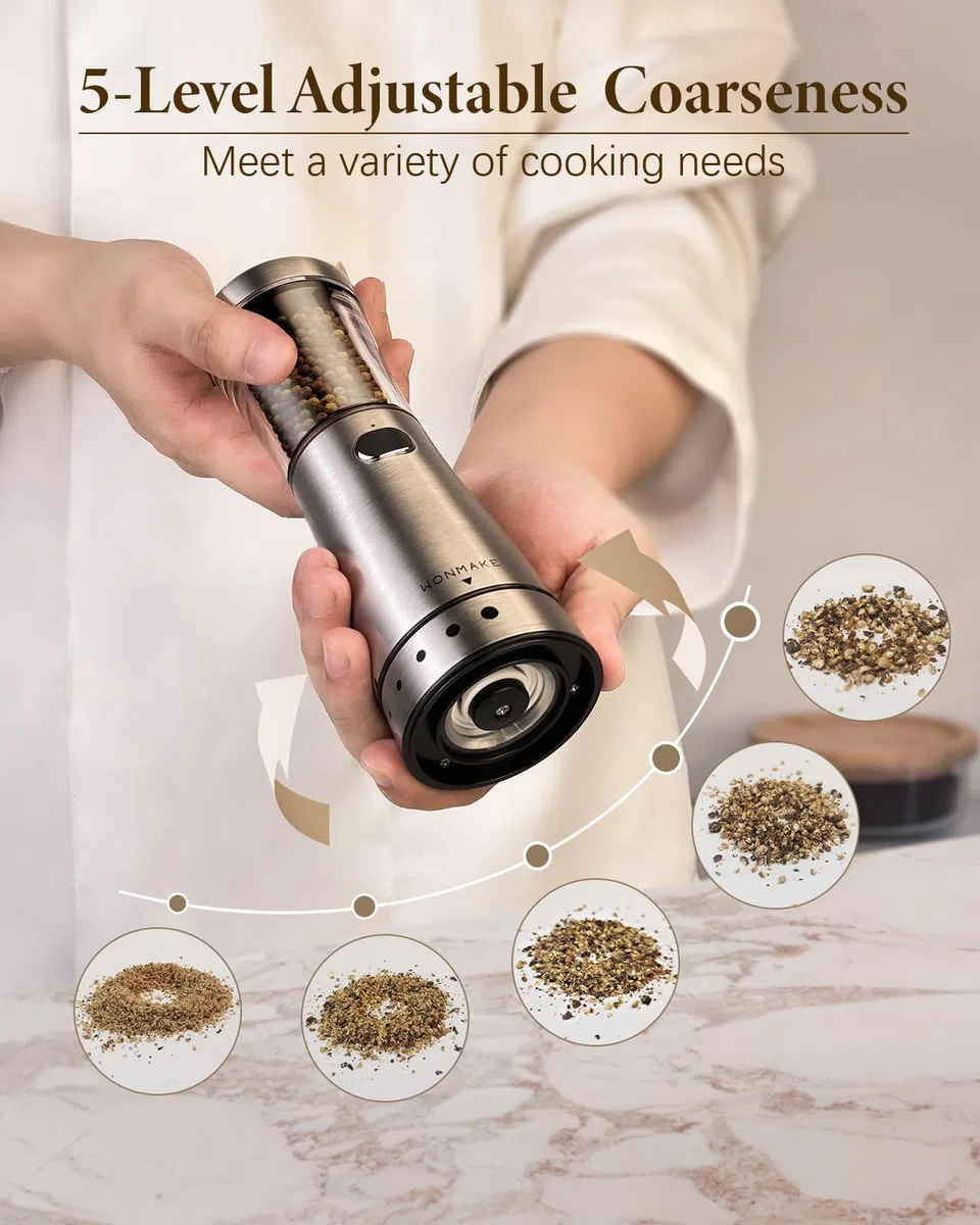 Macina sale o pepe elettrico con grande capacità di 127,6 g, in acciaio inox, ricaricabile, con bocca larga 4,6 cm, grana regolabile, base portaoggetti, gadget da cucina ideale