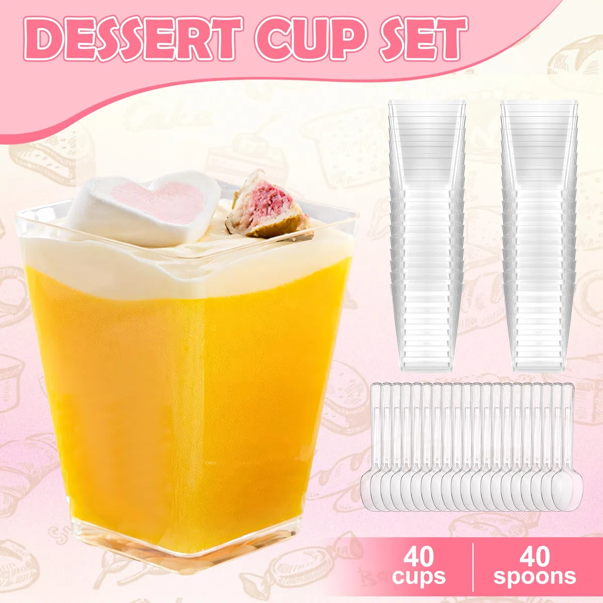 Set di 40 Pezzi Tazze Bicchieri da Dessert con Cucchiai Plastica, 160 ml/5oz Coppette Gelato Riutilizzabili, Bicchierini Monoporzione Dolci, Bicchierini Finger Food Trasparenti per Feste e Compleanni
