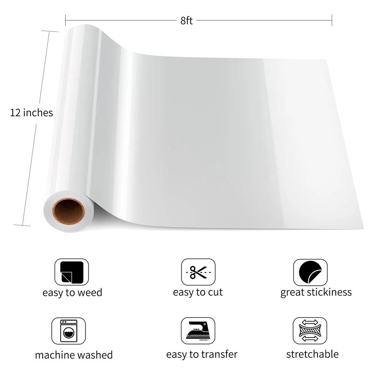 vinile termoadesivo per tessuti bianco, 30,5 cm x 244 cm termovinile per tessuti HTV PU Pellicola flessibile per T-Shirt, facile da tagliare flessibile in vinile a trasferimento termico