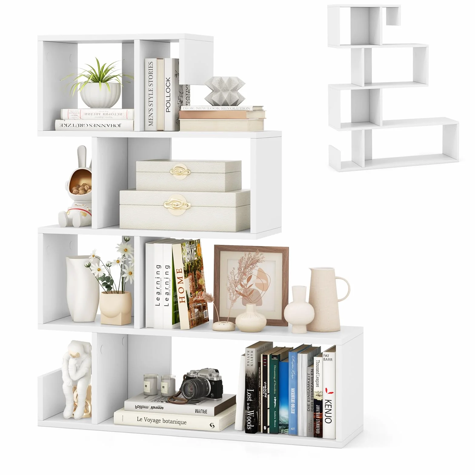 HOMASIS Libreria a Forma di Mossa con 5 Livelli, Scaffale Aperta a Forma di S in Legno, Libreria Divisoria con Protezione Anti-Ribaltamento per Soggiorno, Studio, 80 x 22 x 100 cm (Bianco)