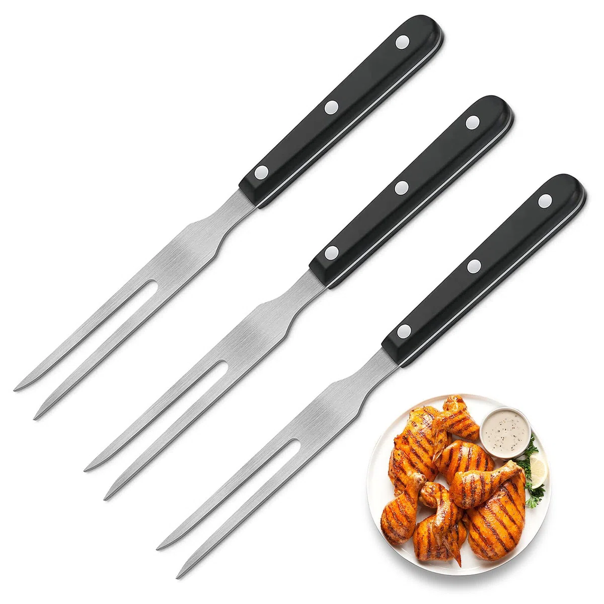 3 Pezzi Forchetta per Carne in acciaio inox, Forchettoni da Carne, Forchettone Barbecue, Forchetta per Arrosti con Manico in Bachelite, Forchette Acciaio per Arrosti (26.5 cm)