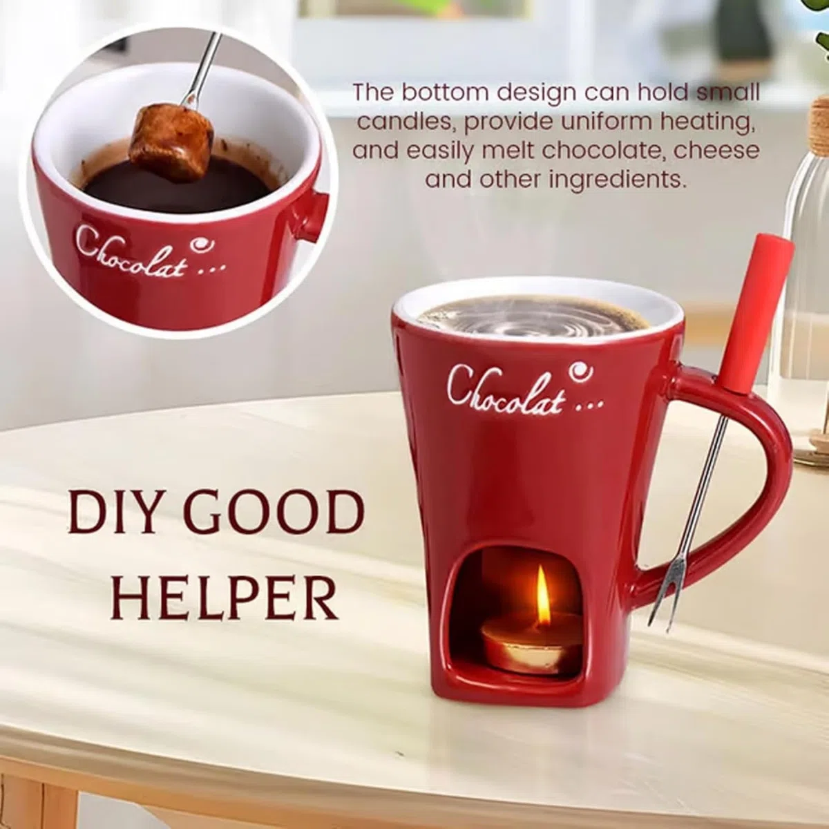 Tazza per fonduta, tazza per fonduta di cioccolato con forchetta e candela, tazza per fonduta di cioccolato per appuntamenti serali, compleanni, regali di nozze (rosso)