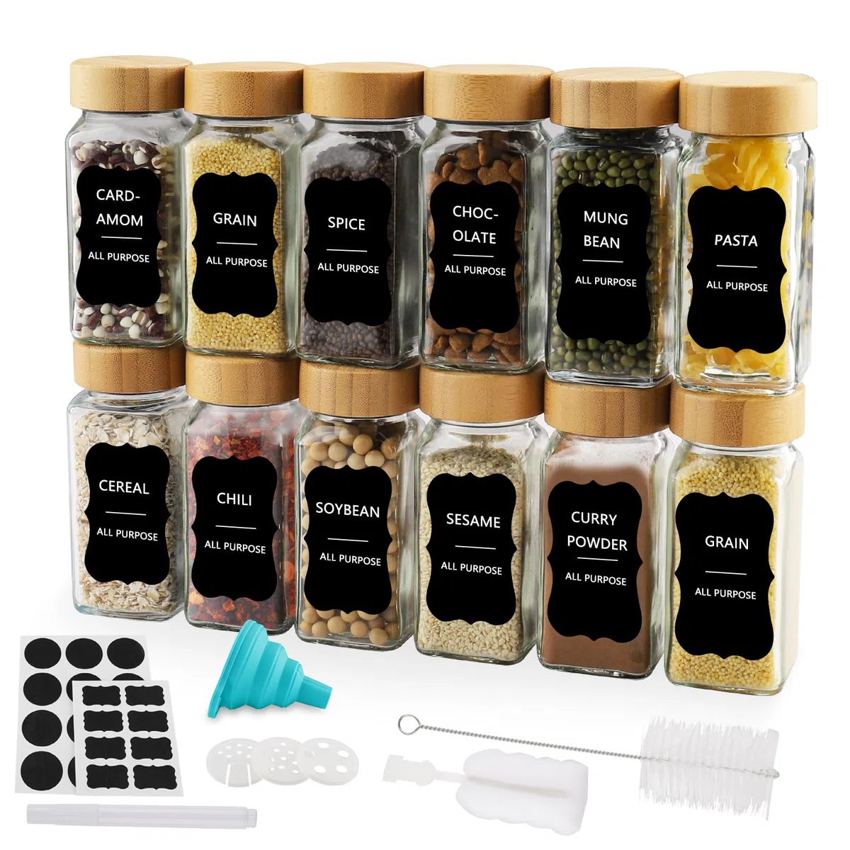 Girare Barattoli per Spezie, 12 Contenitori per Spezie Barattoli per Spezie da 120 ml con Coperchi in Bambù Barattoli per Spezie in Vetro con Setaccio Etichette Pennello Lmbuto (Quadrato)