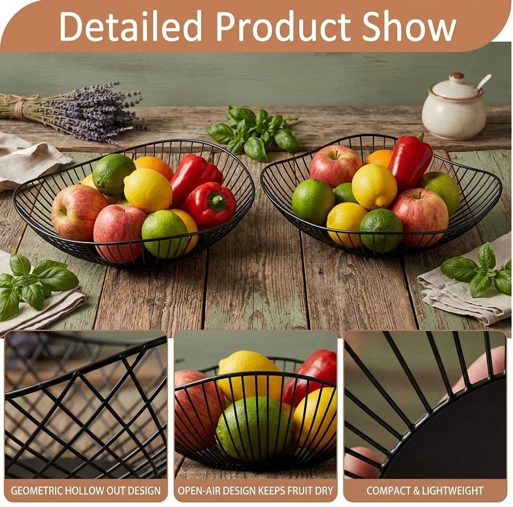 Set di 2 cestini per frutta in metallo, moderni, in metallo, con design a cavità, per la casa, elegante regalo, per feste, colore nero