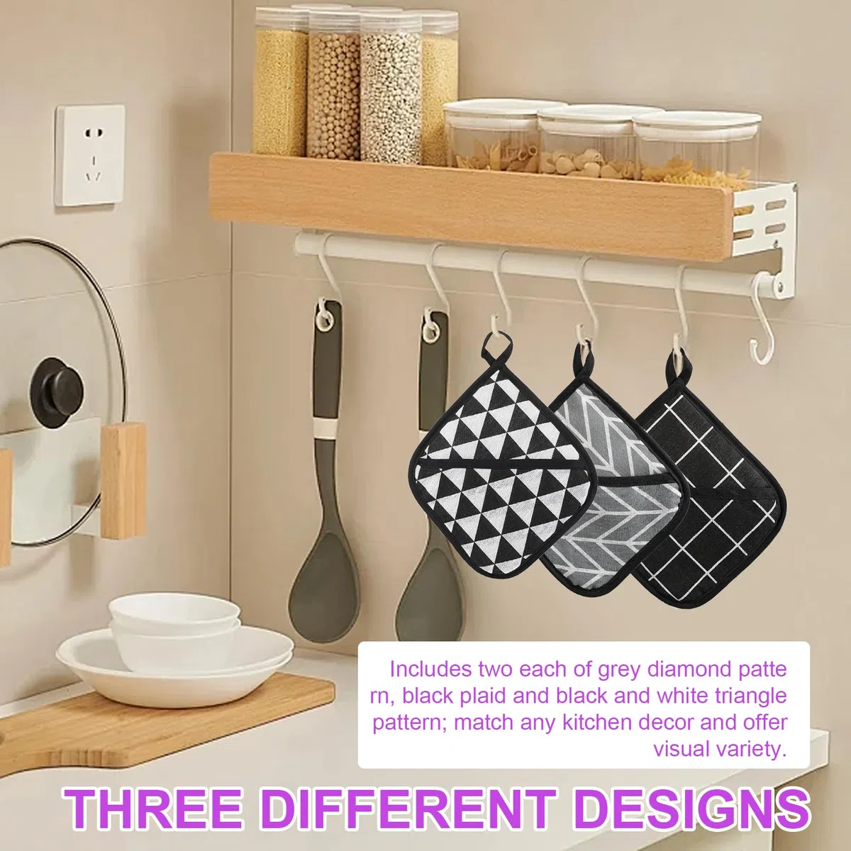 6 Pezzi Presine in Cotone 18 x 18 cm Presine da Cucina per Cottura con Anello per Appenderle Resistente al Calore Presine da Cucina Complet per Cucina Cottura al Forno Microonde