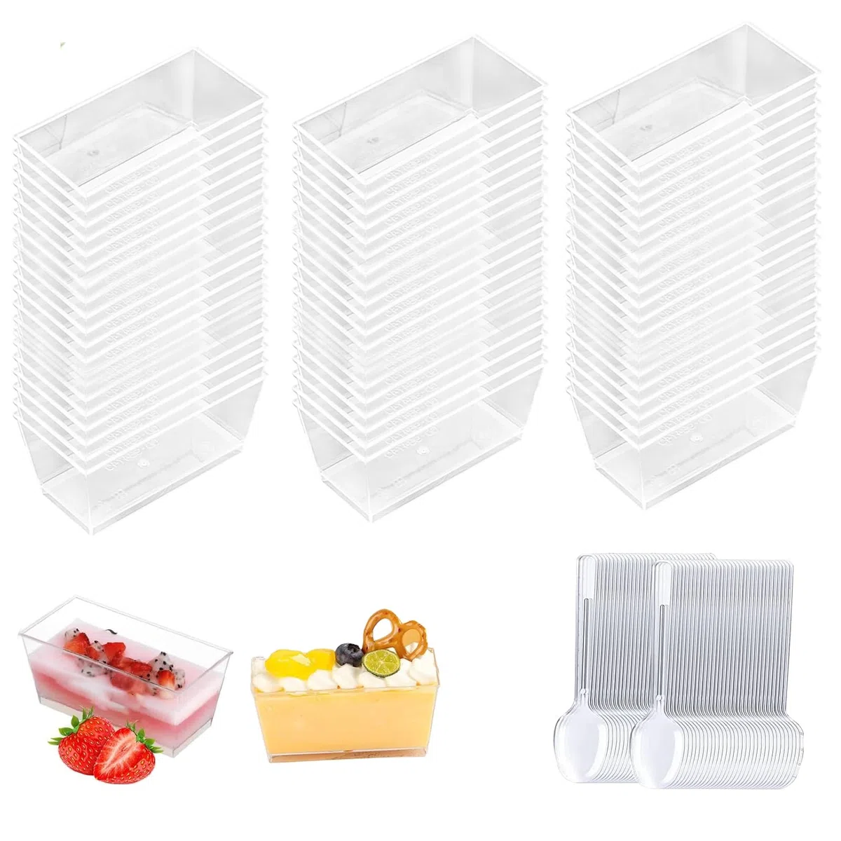 50 Pezzi Tazze da Dessert in Plastica con Cucchiai, 140 ml Contenitori Riutilizzabili Quadrati Trasparenti per Budini, Mousse, Gelati, Compleanni, Matrimoni