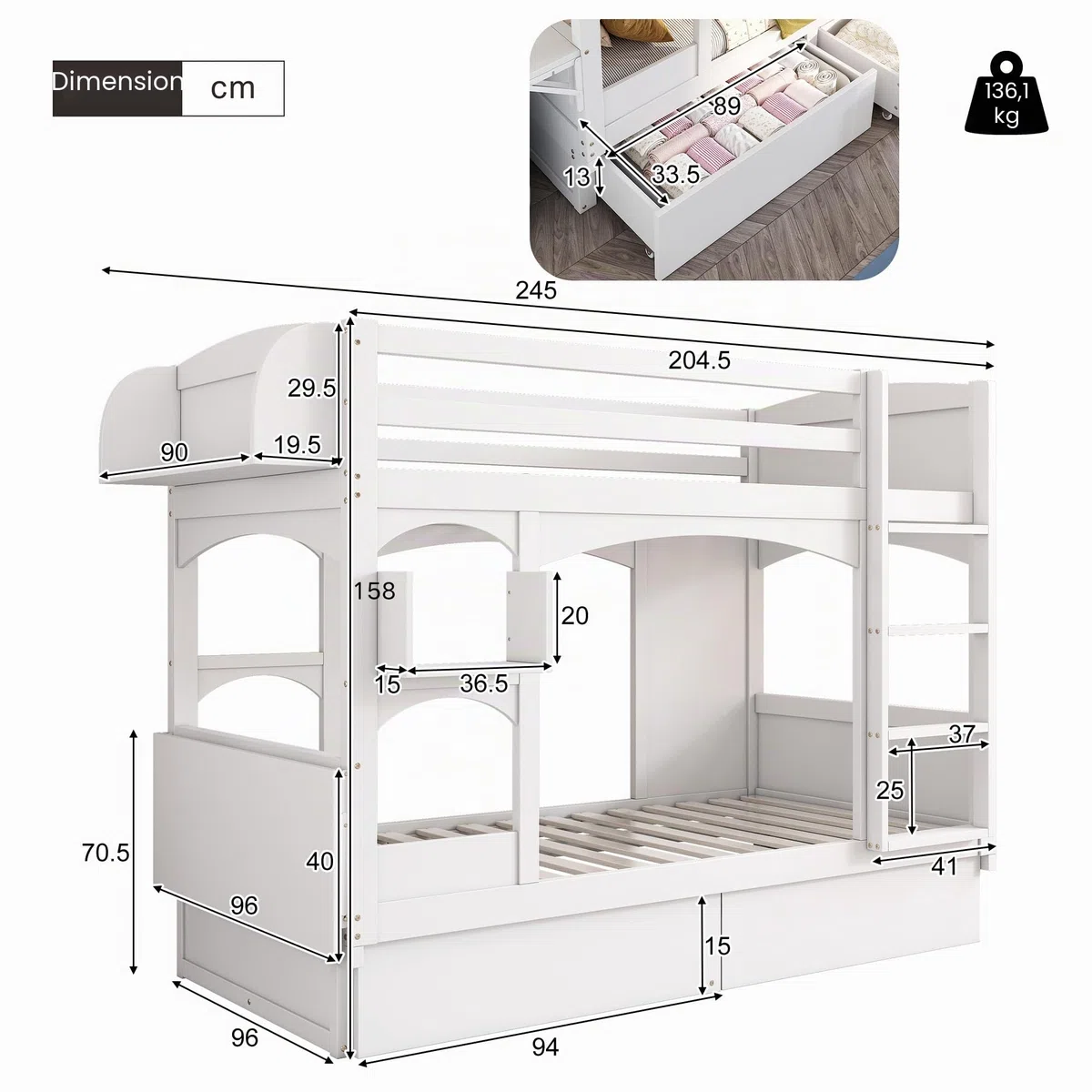 Letto a castello per bambini, 90 x 200 cm, letto matrimoniale, con scrivania pieghevole e mensola, con scala e 2 cassetti, senza materasso, legno massello, bianco