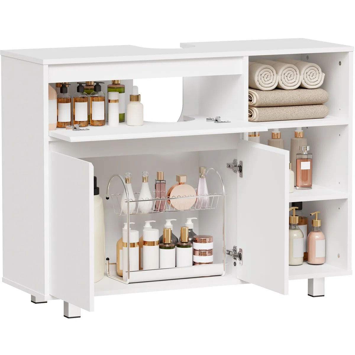 BEWISHOME Mobile Sottolavabo per Bagno,Mobile da Bagno, 1 vano Portaoggetti Nascosto, 2 Ante, 3 Ripiani Regolabili Aperti, con Gambe, 90 x 64.5 x 30 cm, Bianco EYSG02W