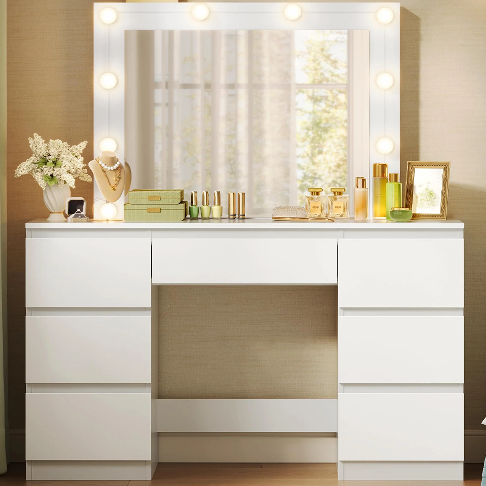 WOLTU Toeletta da Trucco, con Specchio e Luci LED, Luminosità Regolabile, Tavolo da Trucco, con 7 Cassetti, Postazione Make Up, 107x39,5x140,5cm, Cassettiera in Legno, Bianco, MB6099ws