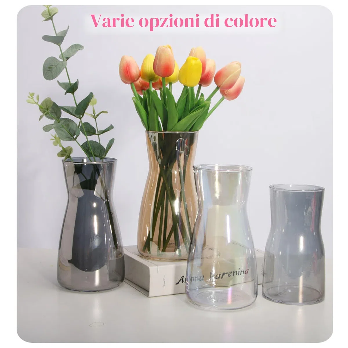 Vaso per fiori in vetro trasparente, alto 20 cm, per decorazione da tavolo, vaso decorativo per erba della pampa, tulipani, orchidee, rose, fiori secchi (grigio fumo)