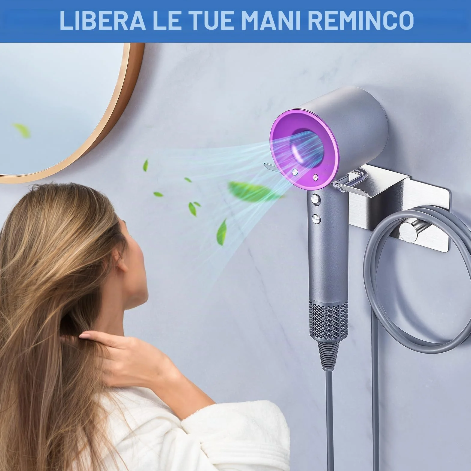 Porta Asciugacapelli da Parete, Porta Phon da Muro Supporto Phon da Parete Metallo,Supporto Adesivo per Asciugacapelli da Appendere per Armadietto Bagno Camera da Letto Barbieri (Argento)