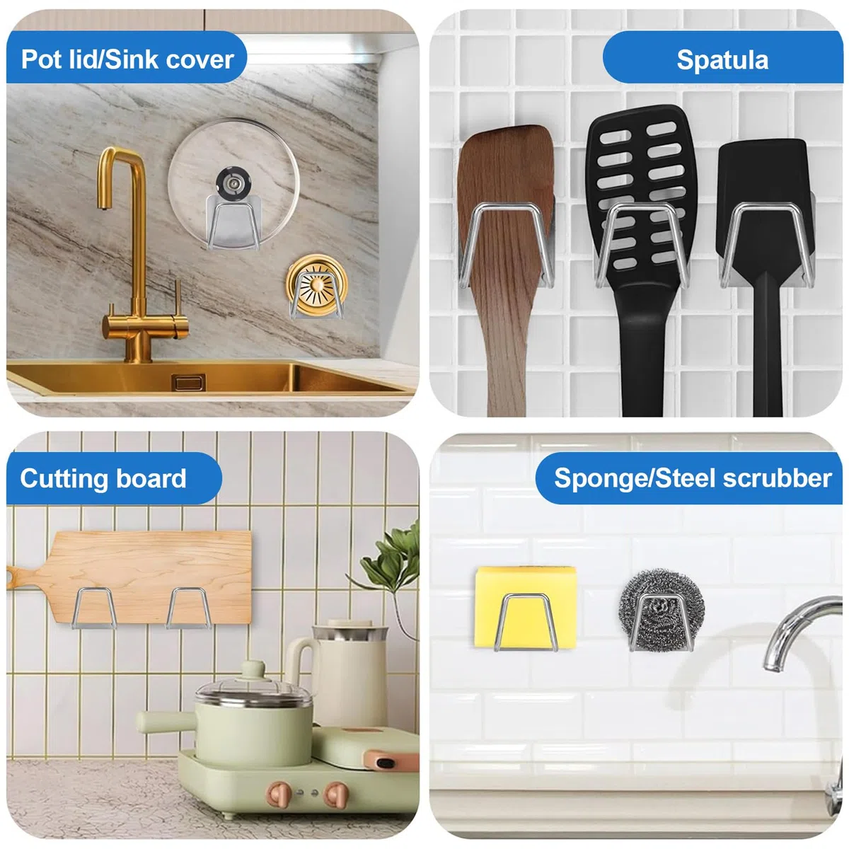 [2 Pezzi] Porta Spugna Lavello Cucina in Acciaio Inox, Portaspugna Autoadesivo 45mm, Ganci Adesivi per Organizzazione Lavello, Porta Spugne Senza Fori per Cucina e Bagno - Argento