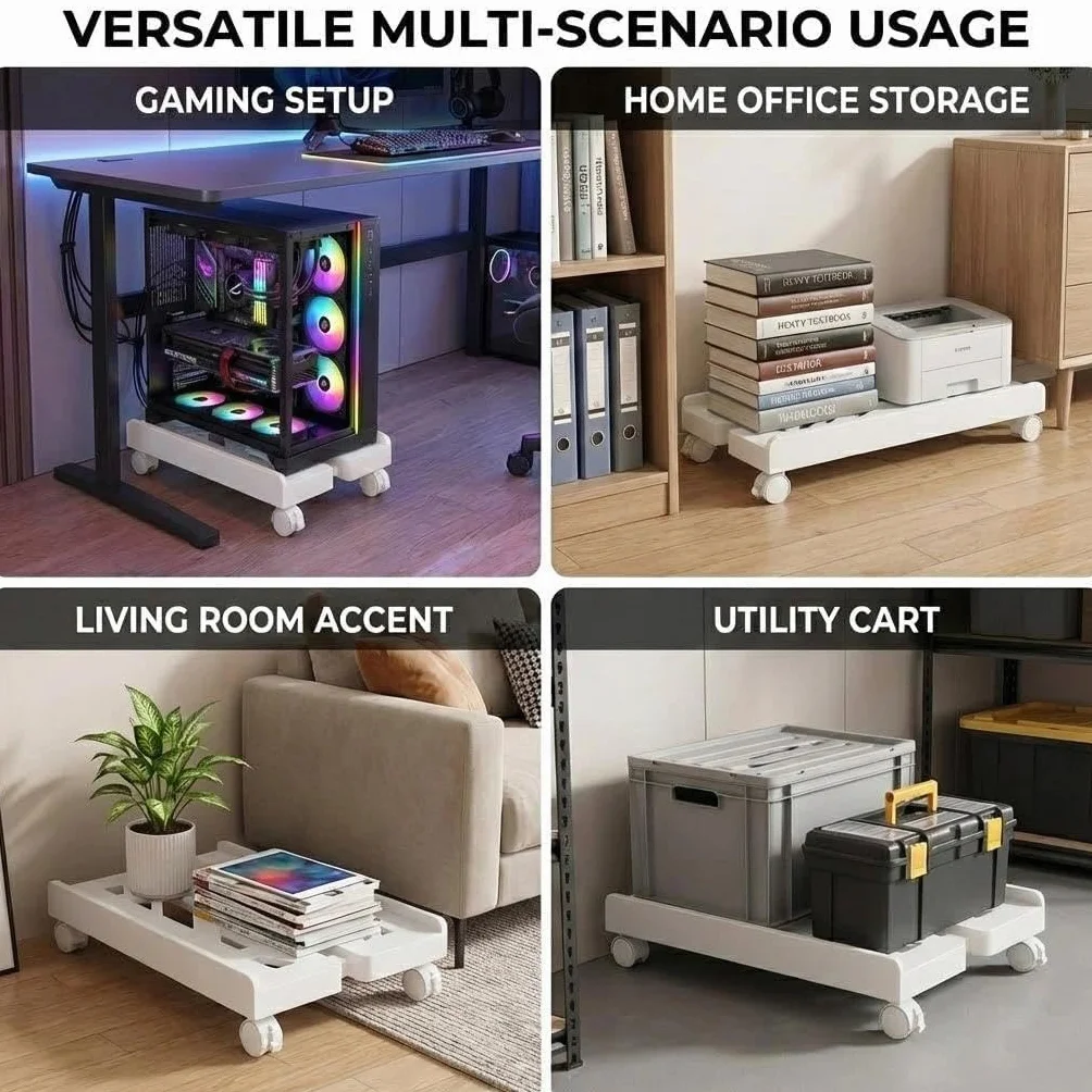 Pc Stand, Mobile Cpu Stand, Supporto Universale Regolabile, Computer Desktop Stand con 4 Ruote, per Gamer, Casa, Ufficio Bianco