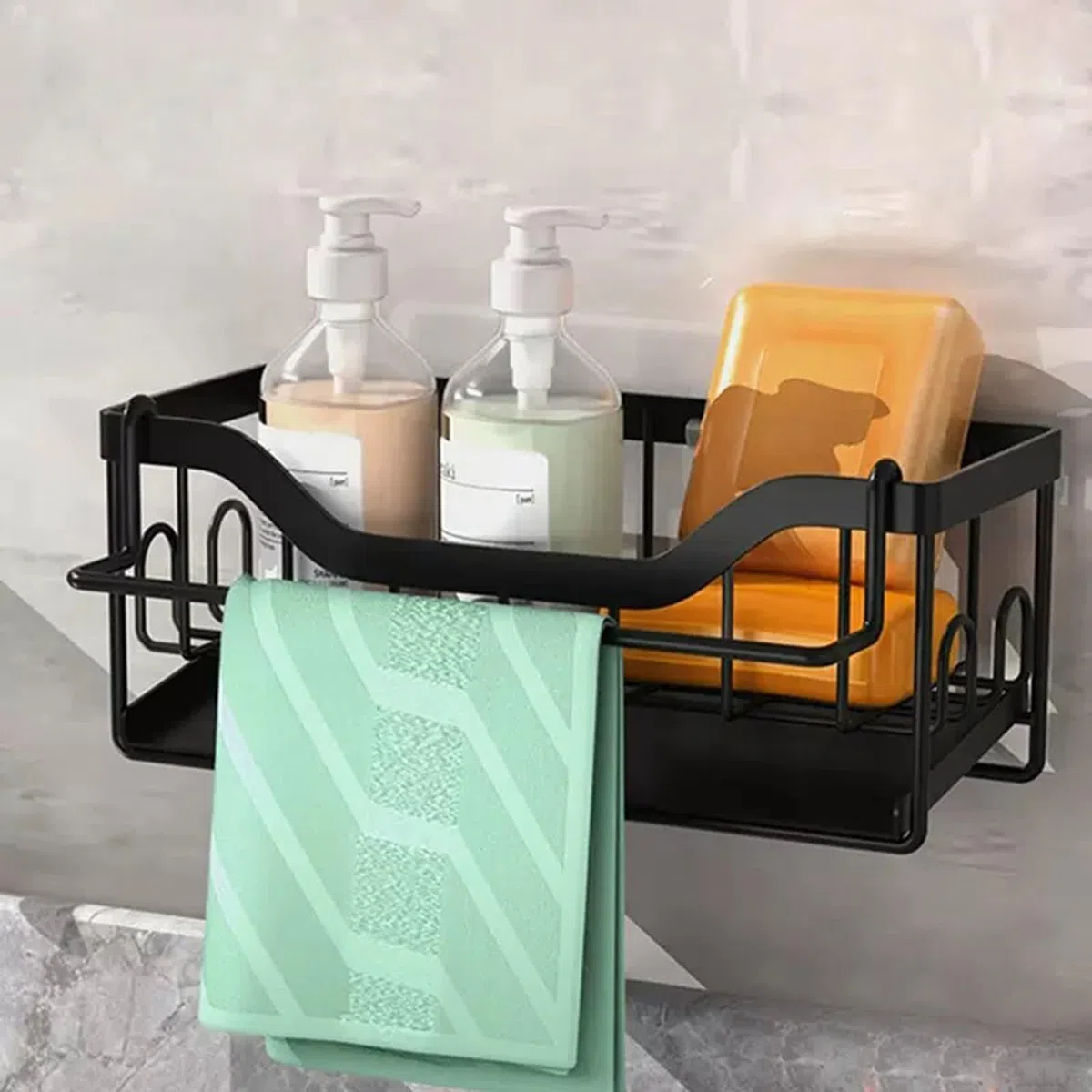 Organizer per lavello - Porta Spugne Lavello da cucina con porta strofinacci e vaschetta di scarico automatica - Nessuna perforazione (nero)