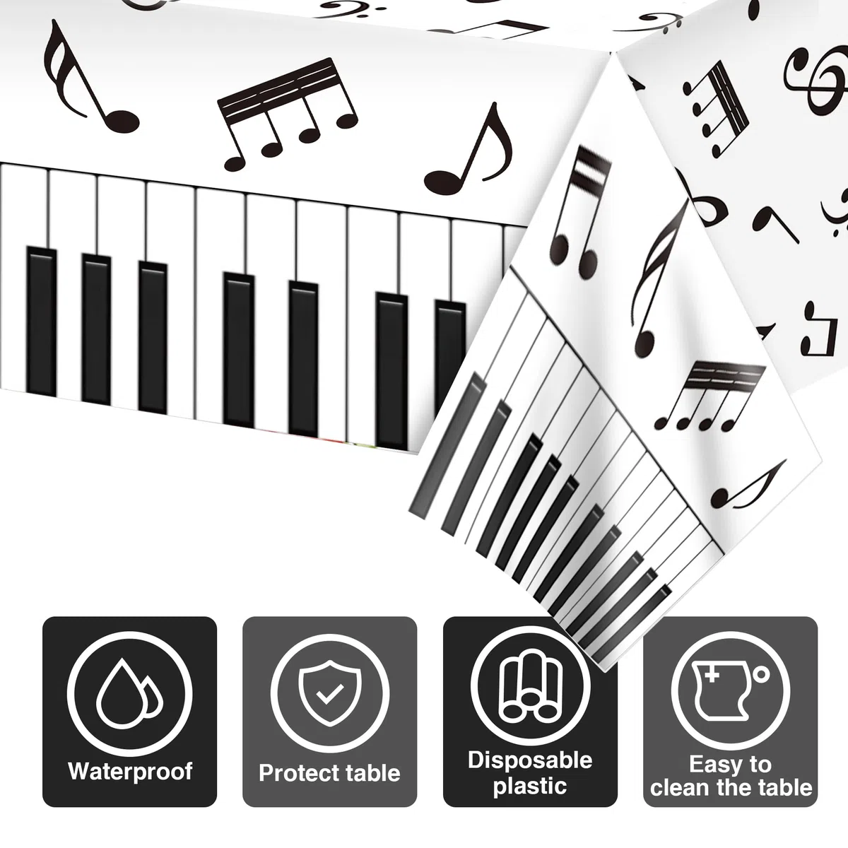 1 tovaglia in plastica con note musicali a pianoforte, 137 x 210 cm, colore bianco e nero, con note musicali letterarie, matrimoni, baby shower, feste, vacanze, cene, picnic o tovaglia per cucina e