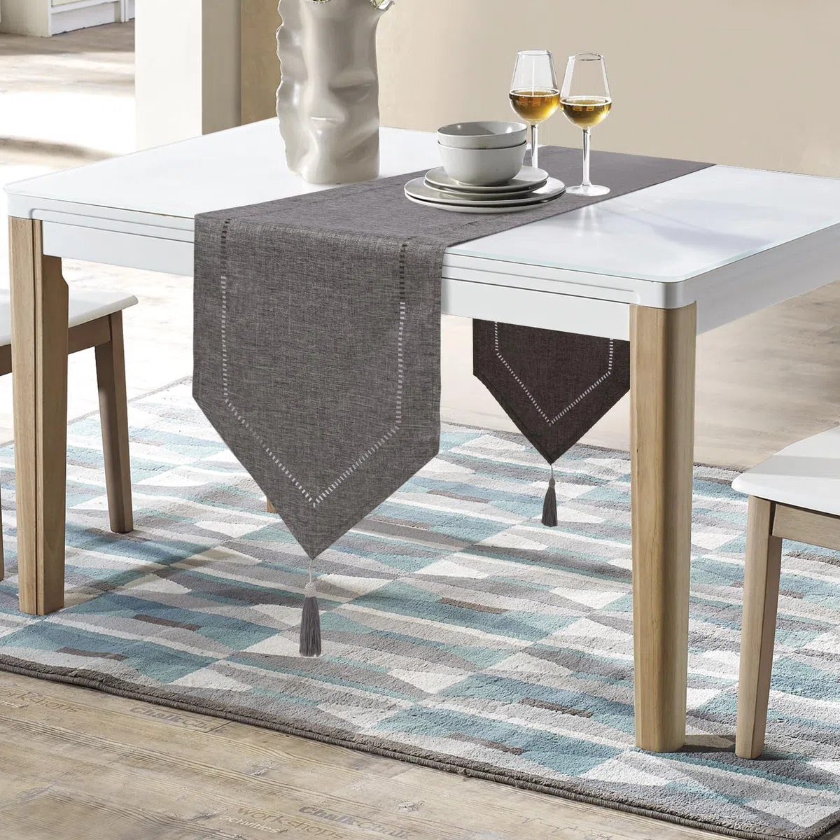 Runner da Tavola Crema Grigio 32 x 220 cm Moderno Innovativo Design Solido Lino Runner da Tavola, Lavabile di Alta Qualità di Grano Ear Design per Sala da pranzo Festa Decorazione di festa