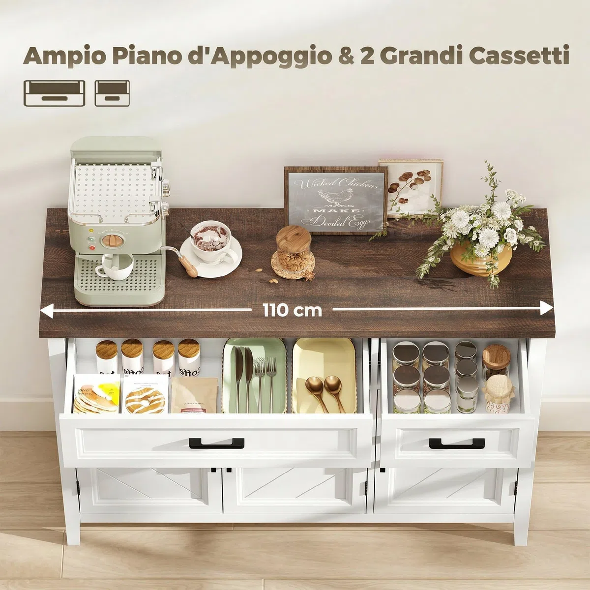 HOMCOM Credenza Cucina, Mobile Cucina con 3 Ante a Fienili, Ripiani Regolabili e 2 Cassetti, Piano Effetto Legno, Stile Rustico, Mobile Buffet per Soggiorno, Sala da Pranzo, 110x35x80.5 cm, Bianco