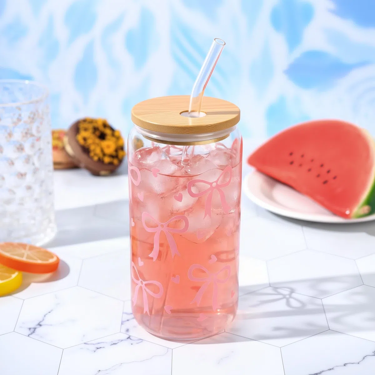 Bicchiere con Cannuccia e Coperchio, 16 oz Tazza di vetros, bicchiere vetro con cannuccia, tazza vetro, tazze con fiocco rosa, bicchieri acqua vetro per bubble tea, acqua, cocktail, regali