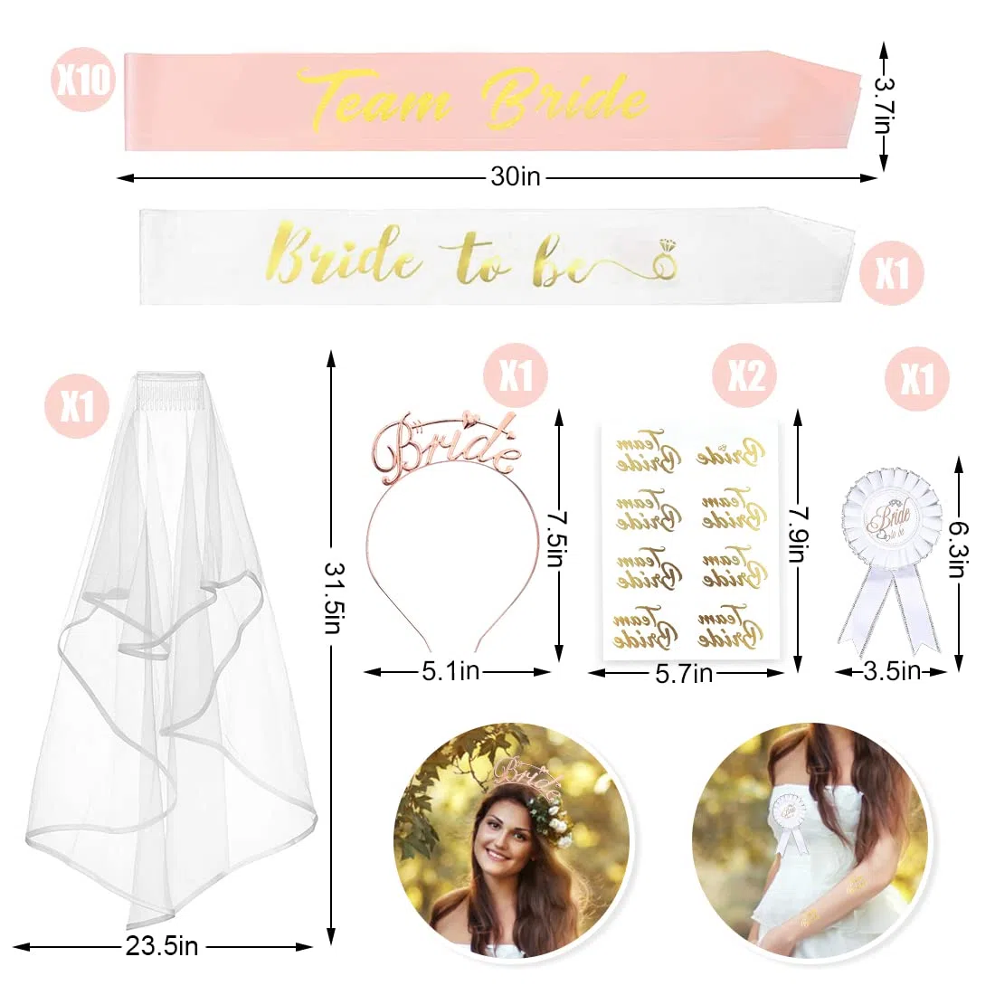 Zaloife 16 Pezzi Bride to Be Decorazioni, 1 Sposa di Essere Fascia, 10 Team Sposa Fasce, Velo Distintivo Cerchietto Tatuaggi, Sposa Decorazione per la Notte delle Ragazze
