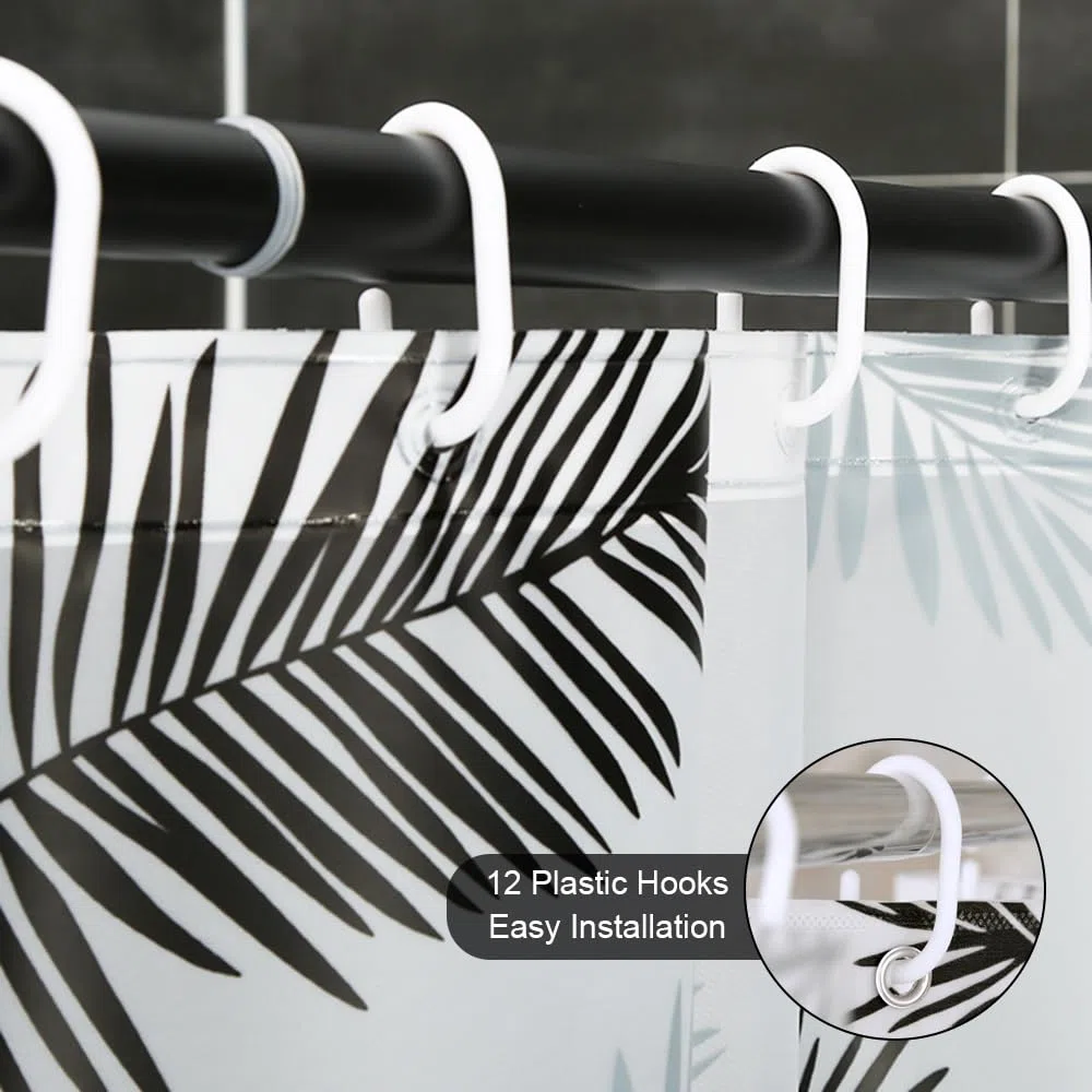 Tenda da Doccia PEVA Impermeabile 240x180 CM, Tenda da Doccia Antimuffa Foglie Nere, Tende da Bagno Bianca ad Asciugatura Rapida, Extra Larga 300 CM, Semitrasparente, con Ganci in Plastica