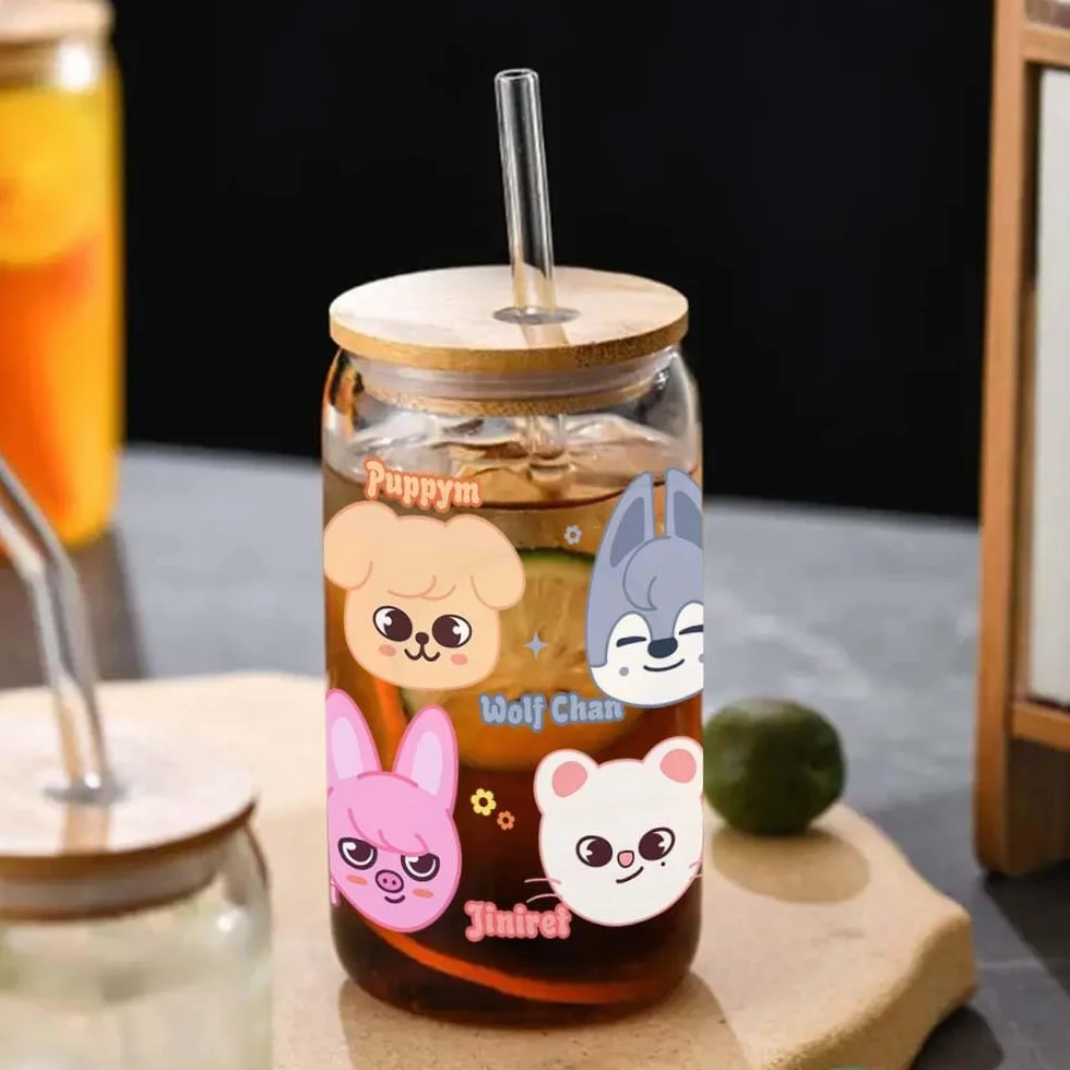 Stray SKZ con coperchio e cannuccia, vetro Skzoo da 500 ml, per tè a bolle, caffè, frullati, tè freddo, cocktail, kpop merch regali per Stay