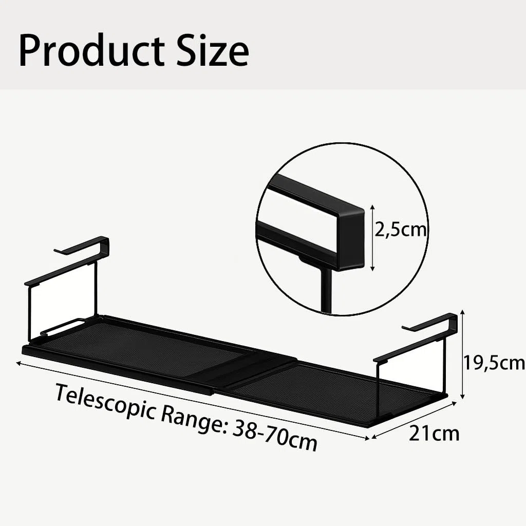 Organizer espandibile sotto gli armadietti, cestino sotto la mensola, organizer dispensa multifunzionale,da 38 a 70 cm, per riporre in cucina, camera da letto e ufficio(Nero)