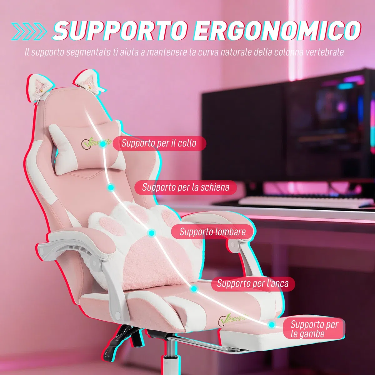 Vinsetto Sedia Gaming Ergonomica con Orecchie da Gatto, Poltrona Gaming Ufficio Reclinabile in Finta Pelle con Poggiapiedi, Poggiatesta e Altezza Regolabile, Supporto Lombare e Cervicale, Rosa