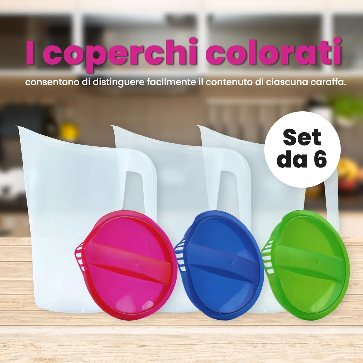 Home Line brocca per succo 1,75 L – Bricco per acqua con coperchio fisso – Bricco per bevande con antigoccia esterno – Caraffa per acqua per frigorifero – Dispenser di succo. 6er Set (Blau, Grün, Rot)