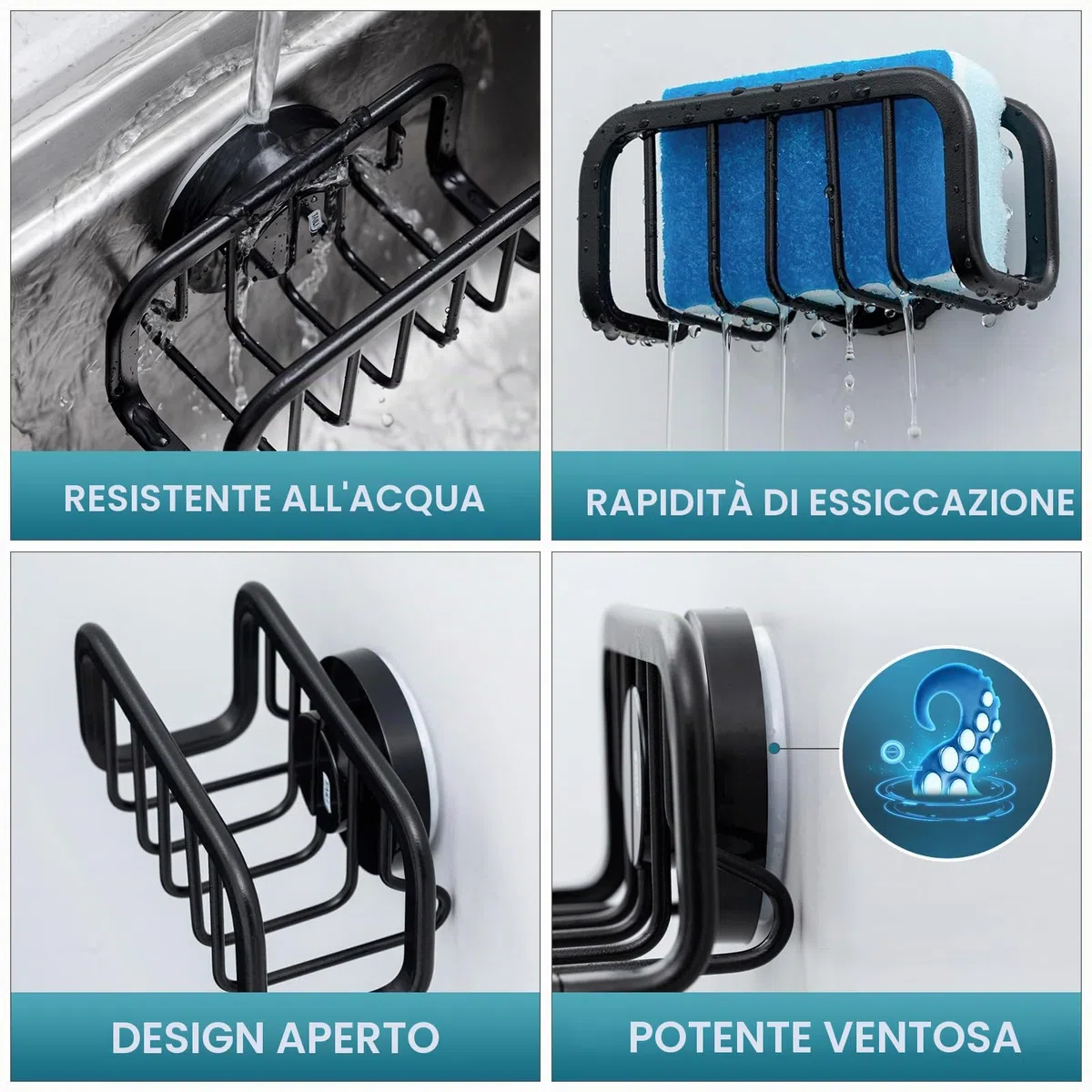TAILI Supporto per spugna per lavello con forte ventosa, supporto in alluminio antiruggine per spugne, tenere in ordine la cucina, spazzola per piatti organizzatore - Nero