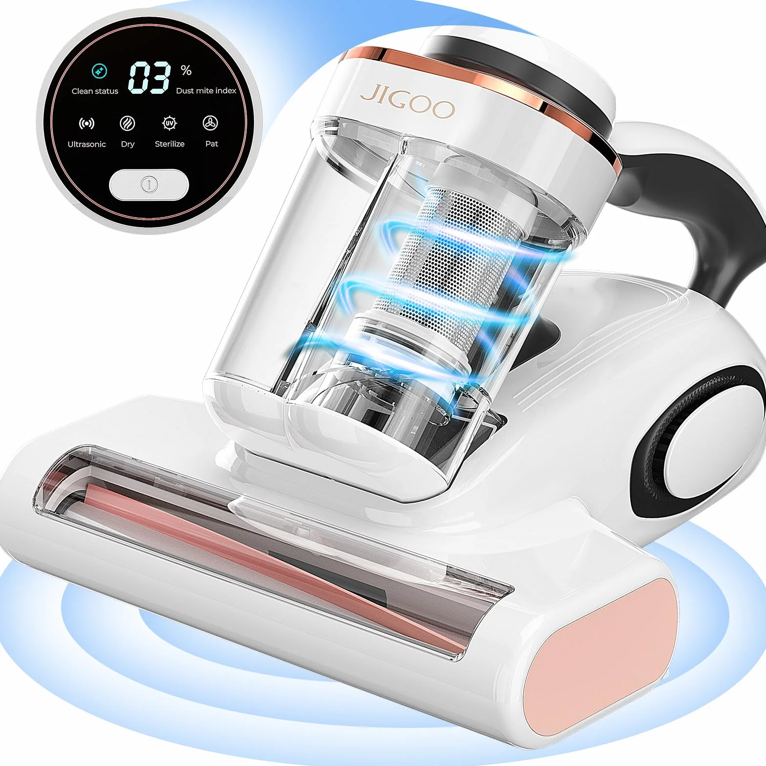 JIGOO J300 Aspiratore acaro con sensore acaro della polvere e luce UV, 500 W, con indicatore LED intelligente, per chi soffre di allergie, rimuove il 99,9% di allergeni, per materassi, letti e divani