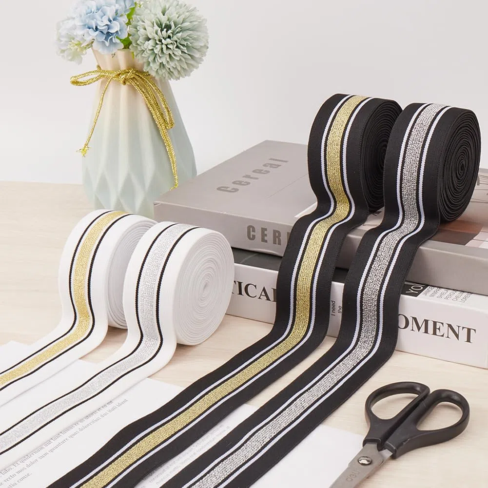 GORGECRAFT 4.3 m 40mm di Larghezza Fascia Elastica A Strisce Bianche e Argento Nera Piatta Elastica per Cucire Lavorare A Maglia Nastro per Fai da Te Fascia per Capelli Borse Indumenti Accessori