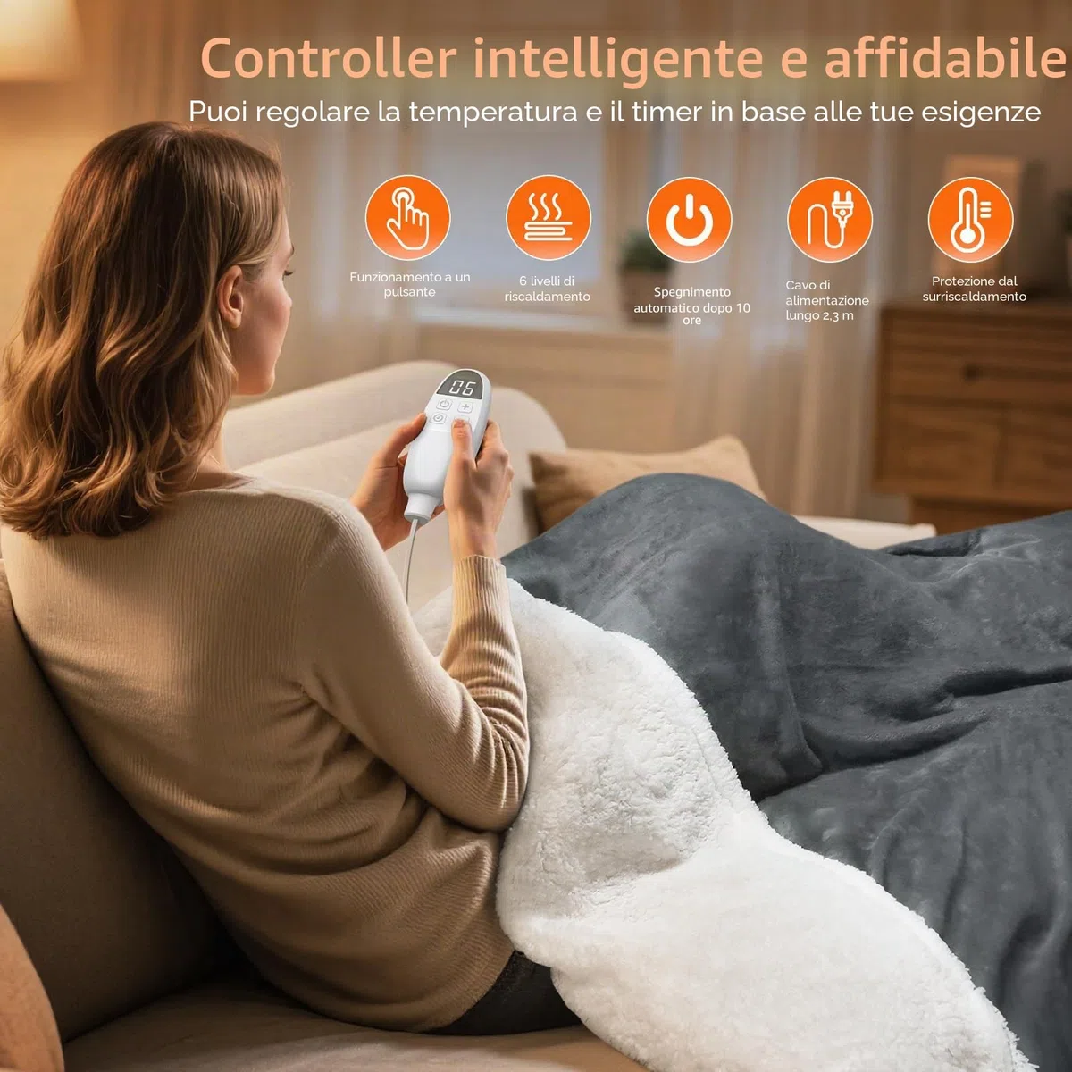 PRANITE Coperta elettrica 200 x 180 cm, coperta termica elettrica in sherpa e flanella, 6 livelli di riscaldamento, timer 10 ore, spegnimento automatico, protezione da surriscaldamento, lavabile