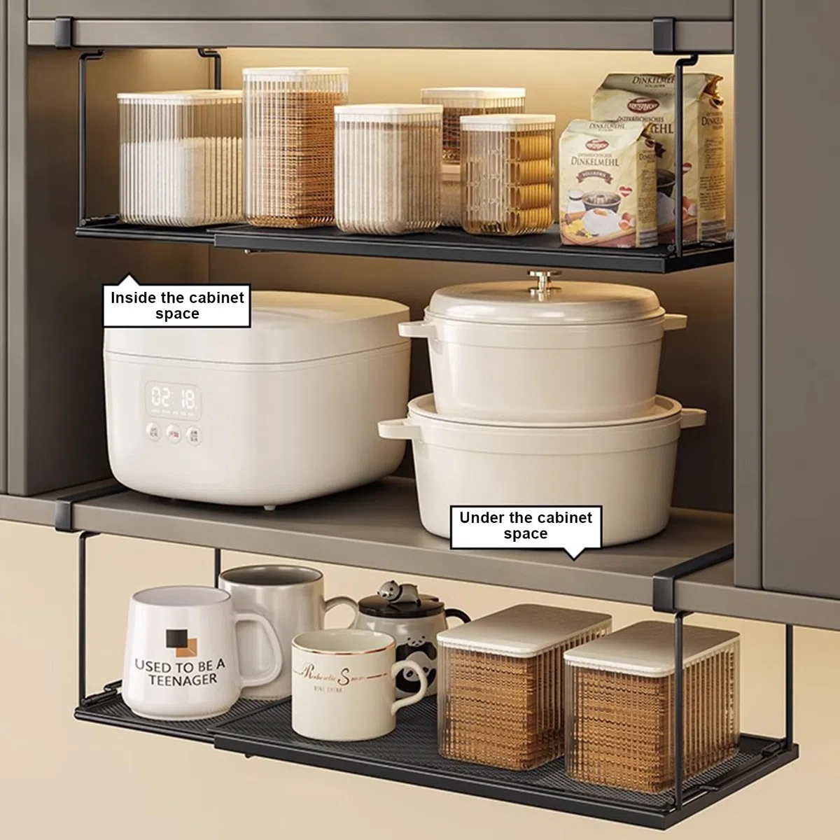 Mensola sospesa in metallo, regolabile 38 – 70 cm – Cestello portaoggetti estraibile per cucina, armadio, tavolo, bagno (nero)