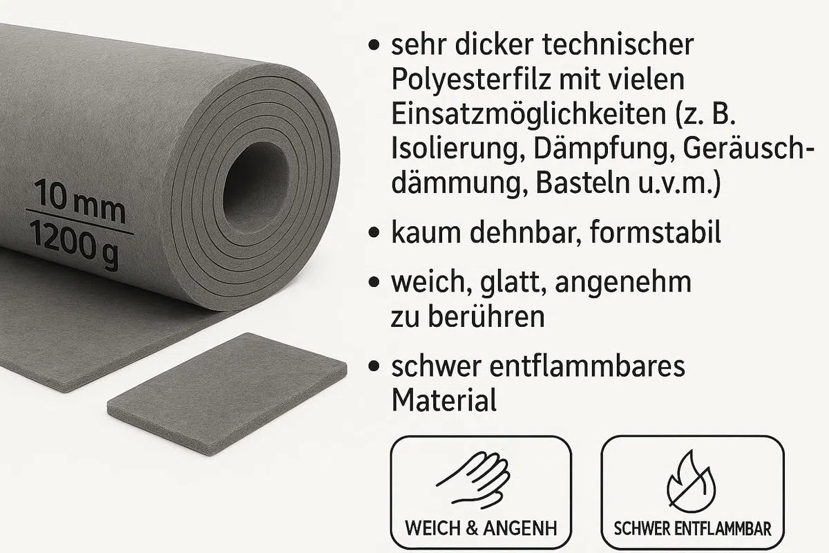 Tessuto spesso in feltro grigio 10 mm – 160 x 50 cm, 1200 g/m2 – robusto feltro di poliestere per artigianato, isolamento e isolamento acustico, Bertoni