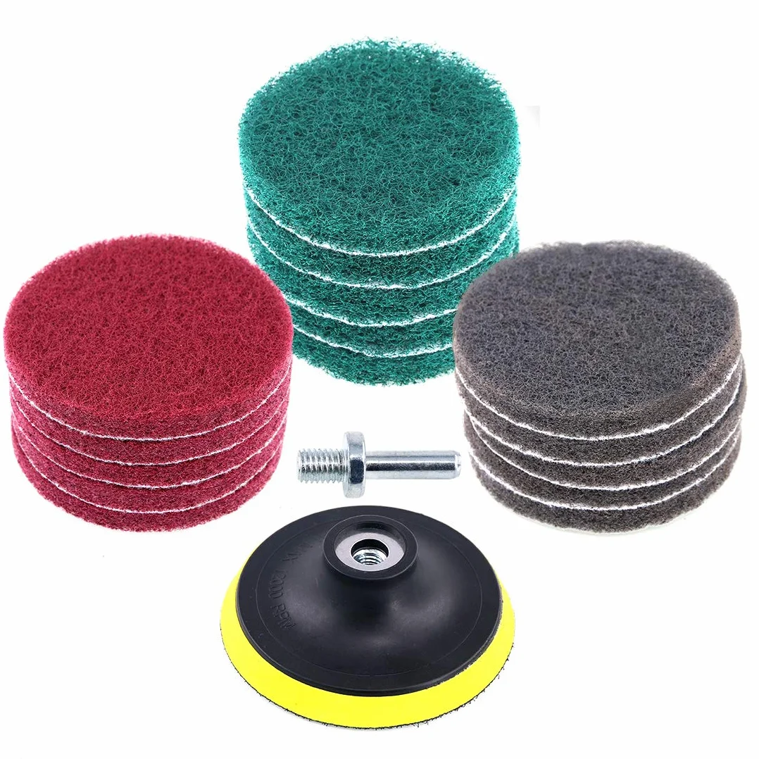 Glarks - Kit di 16 panni abrasivi per trapano, 10,2 cm, con supporto per dischi da 10,2 cm, per la pulizia di bagno e cucina, 3 diverse durezze (rosso, grigio, verde)