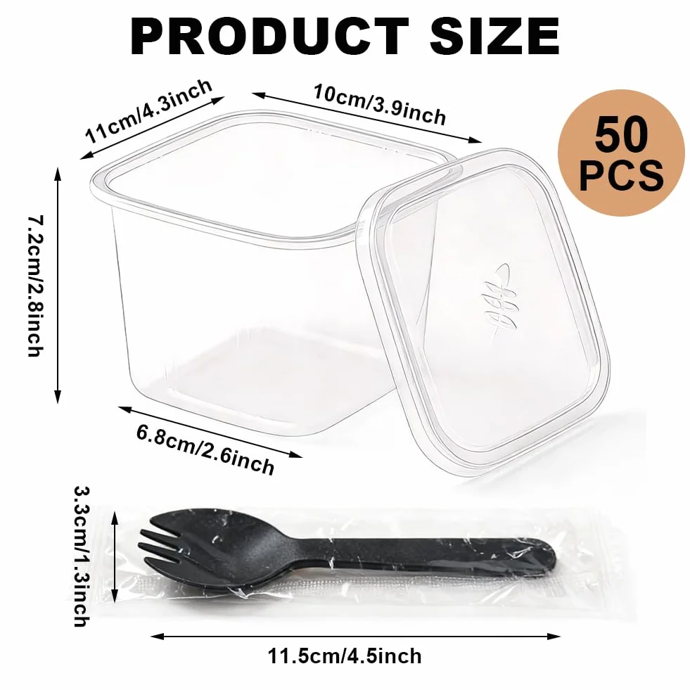 50 bicchieri da dessert rettangolari in plastica, con coperchio, 360 ml, trasparenti, con 50 cucchiai, riutilizzabili, in plastica quadrata per dessert, mousse, tiramisù