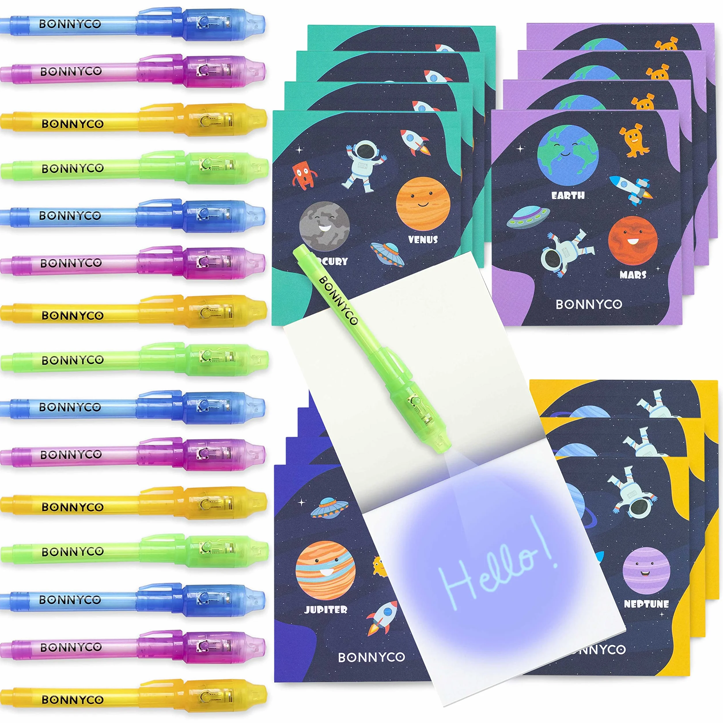 BONNYCO Penna Invisibile e Taccuino, 16 Pezzi Spazio. Gadget Compleanno Bambini, Regalini Fine Festa Compleanno Spazio. Regalino Fine Festa, Giocattoli Pignatta. Gadget Bambini, Scuola, Bomboniere