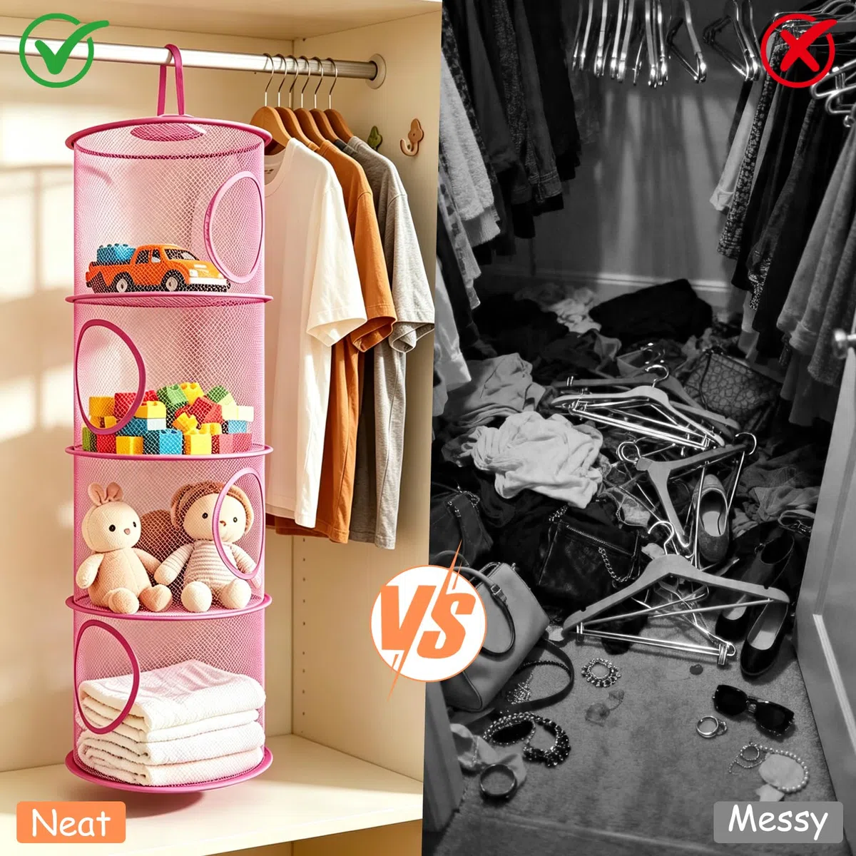 3pcs Organizer Portaoggetti Pieghevole da Appendere a 4 Livelli, Cesto Portaoggetti in Rete, Borsa Organizer per Peluche, Ideale per Cameretta, Bagno e Balcone-Rosa/Viola/Magenta