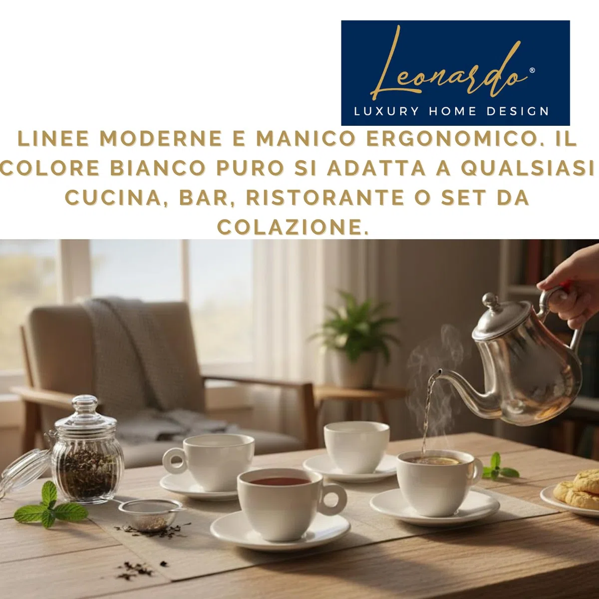 Set 4 Tazze da The Porcellana Bianca Piattino 180 ml Resistenti Eleganti Lavastoviglie Microonde Cappuccino Caffè Latte Idea Regalo (Non Impilabili)