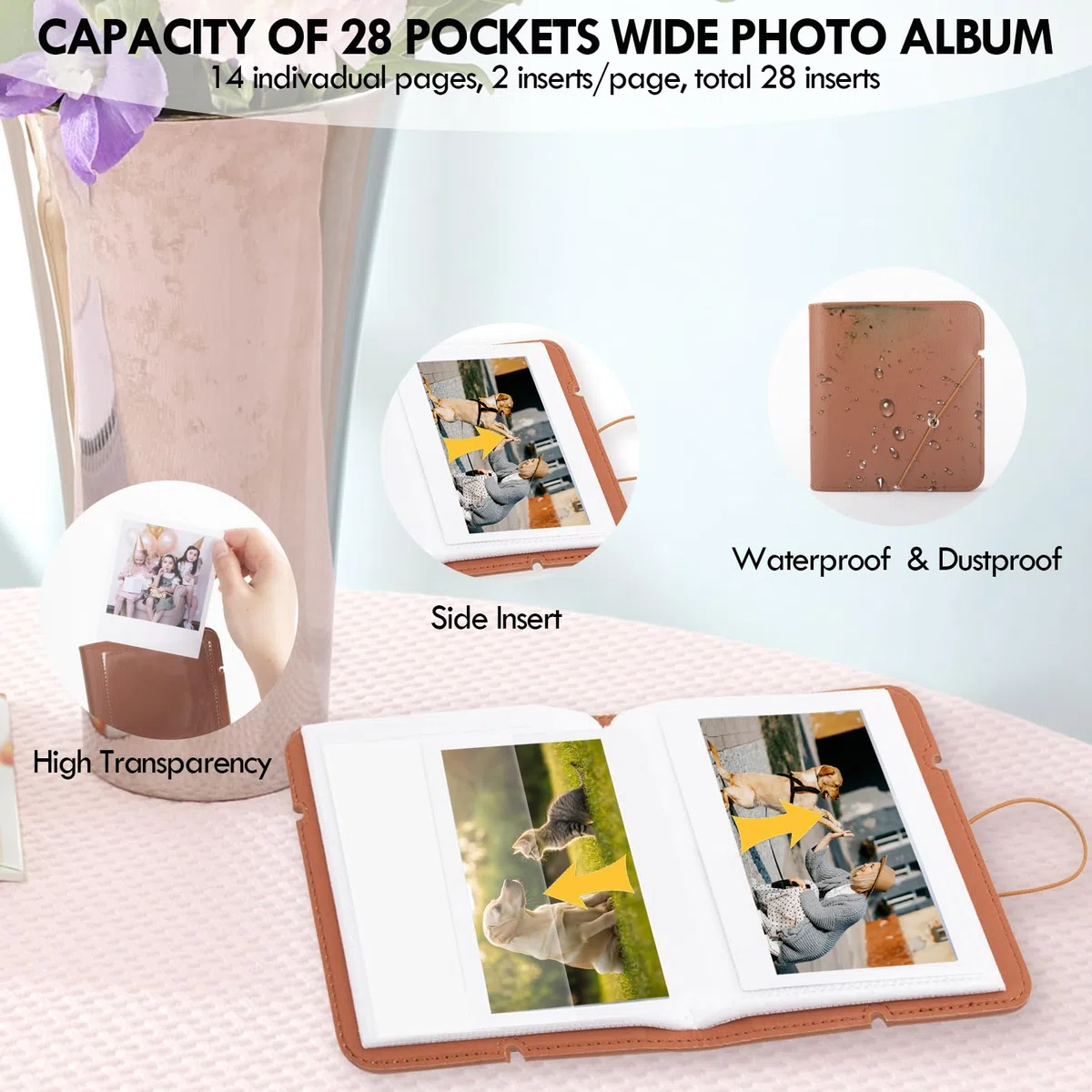 Album fotografico Instax Wide 28 tasche stile retro per Fujifilm Instax Wide 400/300/200/Polaroid Now+/I-Type/OneStep2, marrone