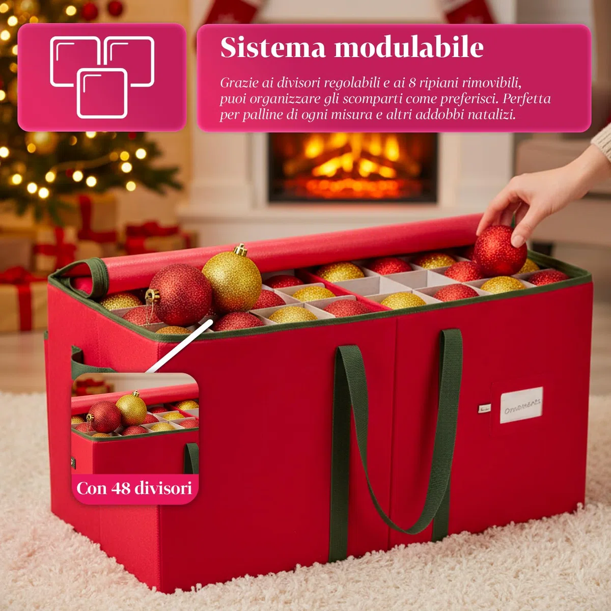 Wintem – Contenitore Porta Palline di Natale in TNT e Cartone Rigido 65x32x32 cm con 64 Scomparti Modulari e Manici Rinforzati, Chiusura Zip Resistente per Conservare 128 Decorazioni Natalizie