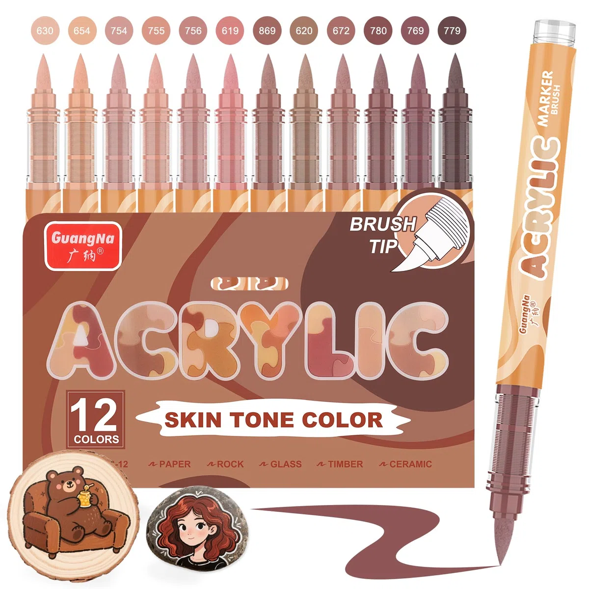 Funnasting Pennarelli Acrilici, Set di 12 colori professionali della serie colori acrilici pennarelli per pittura su roccia, vetro, tazze, legno, metallo e creazioni fai da te
